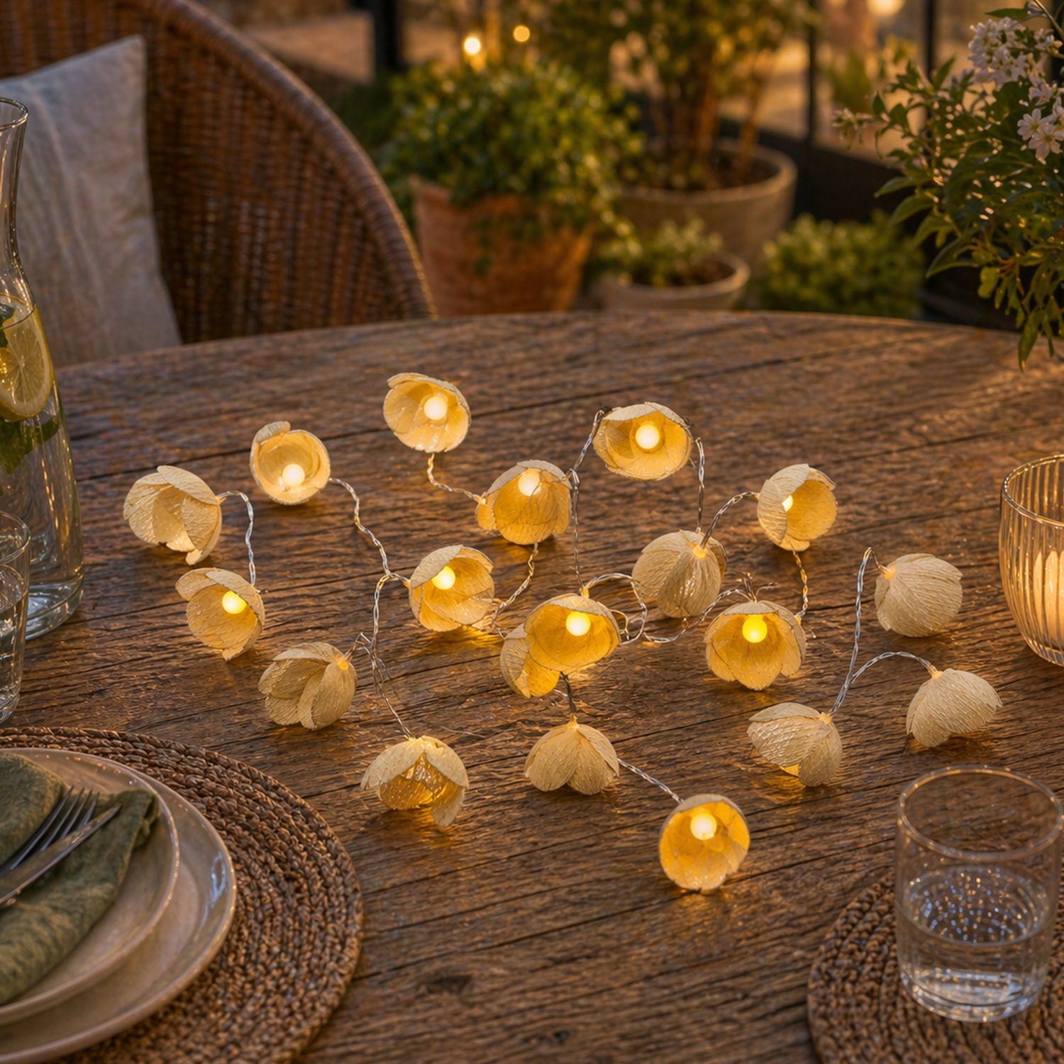 LED Lichterkette Blumen - 15 weiße Blüten - Batterie/Timer - L: 1,4m - Innen/Außen