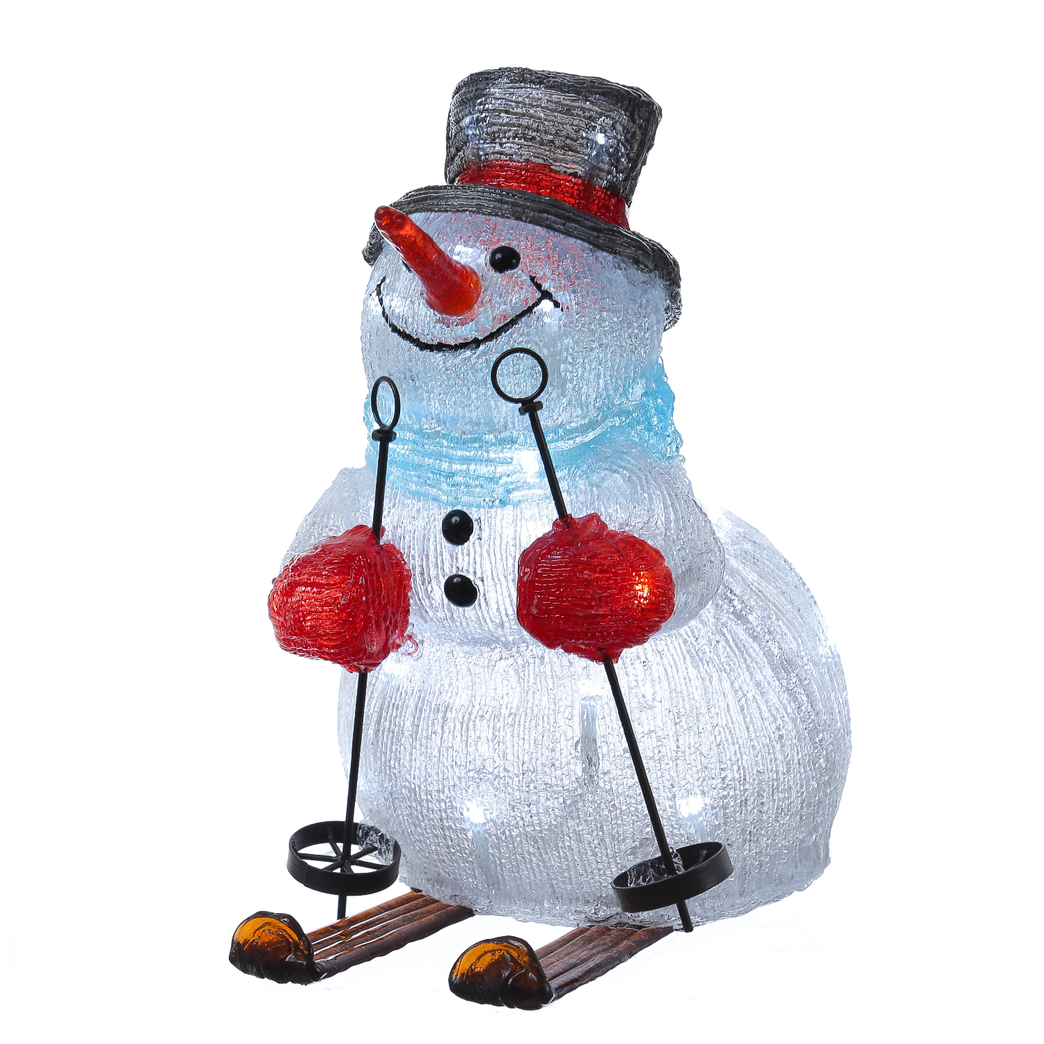LED Schneemann auf Skiern - Acrylfigur - 30 kaltweiße LED - H: 32cm - Timer - für Außen
