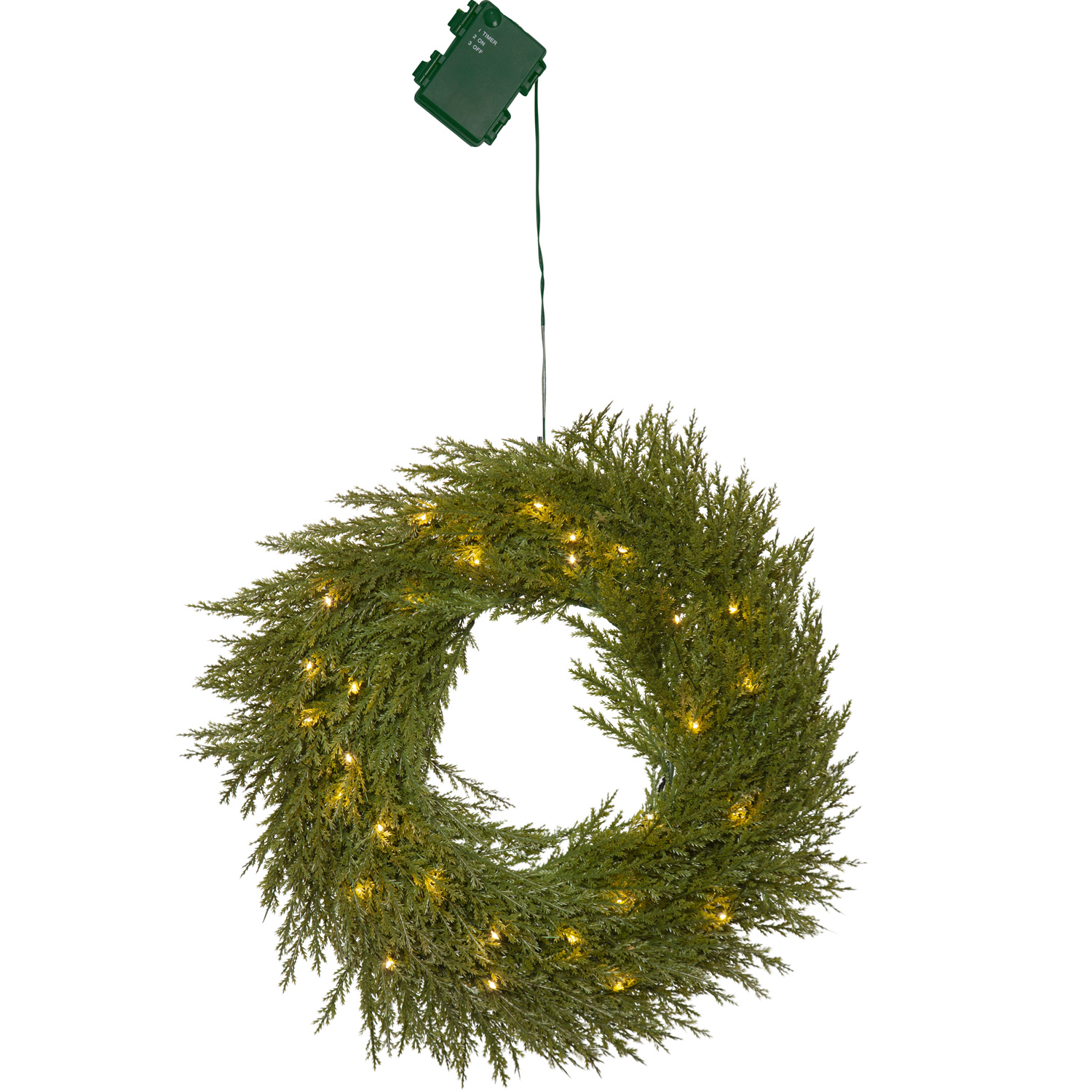 LED Tannenkranz THUJA - 30 warmweiße LED - D: 45cm - Timer - Batterie - für Außen - grün