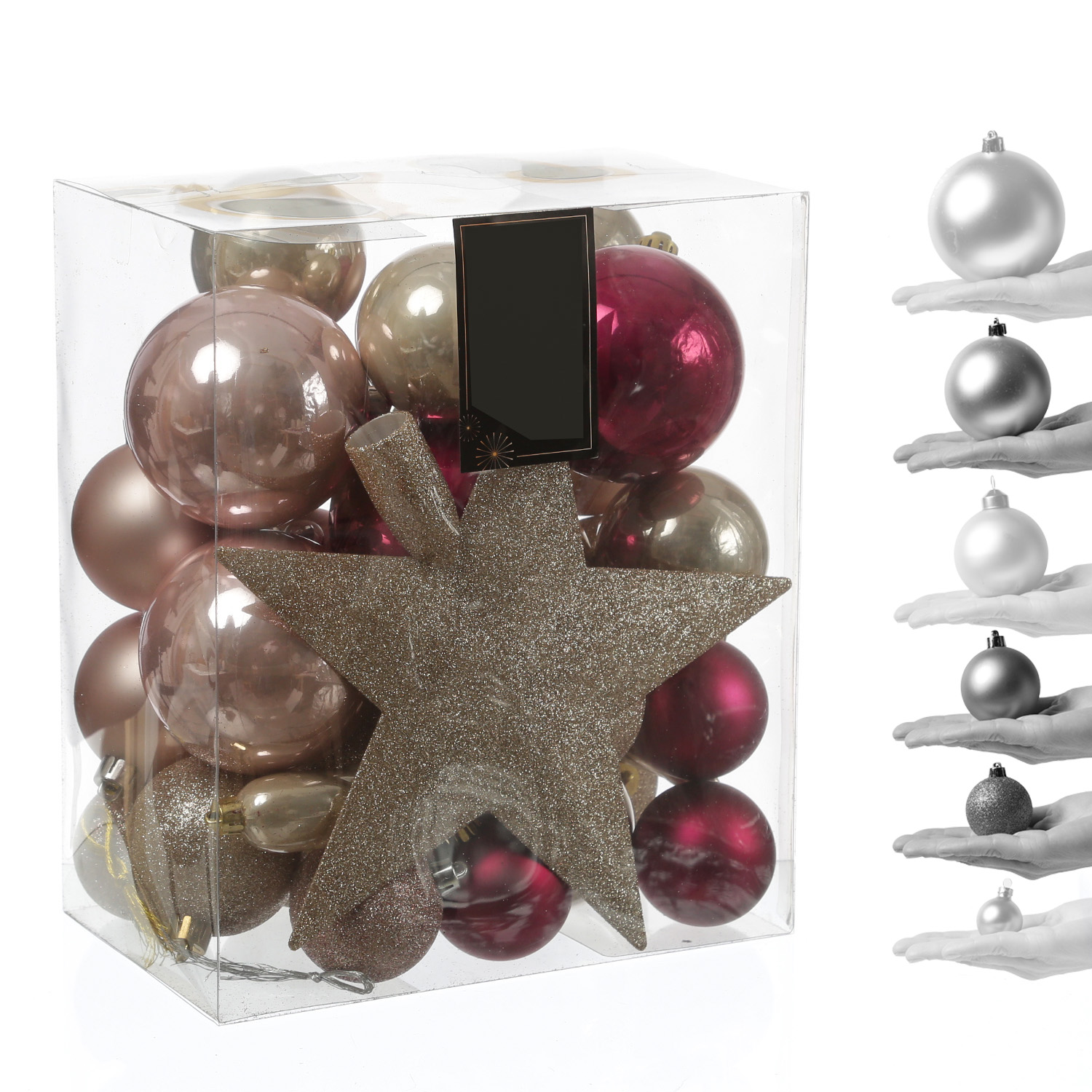 Christbaumkugeln - Weihnachtsbaumkugeln mit Stern Baumspitze - bruchfest - pink, rosa - 33er Set