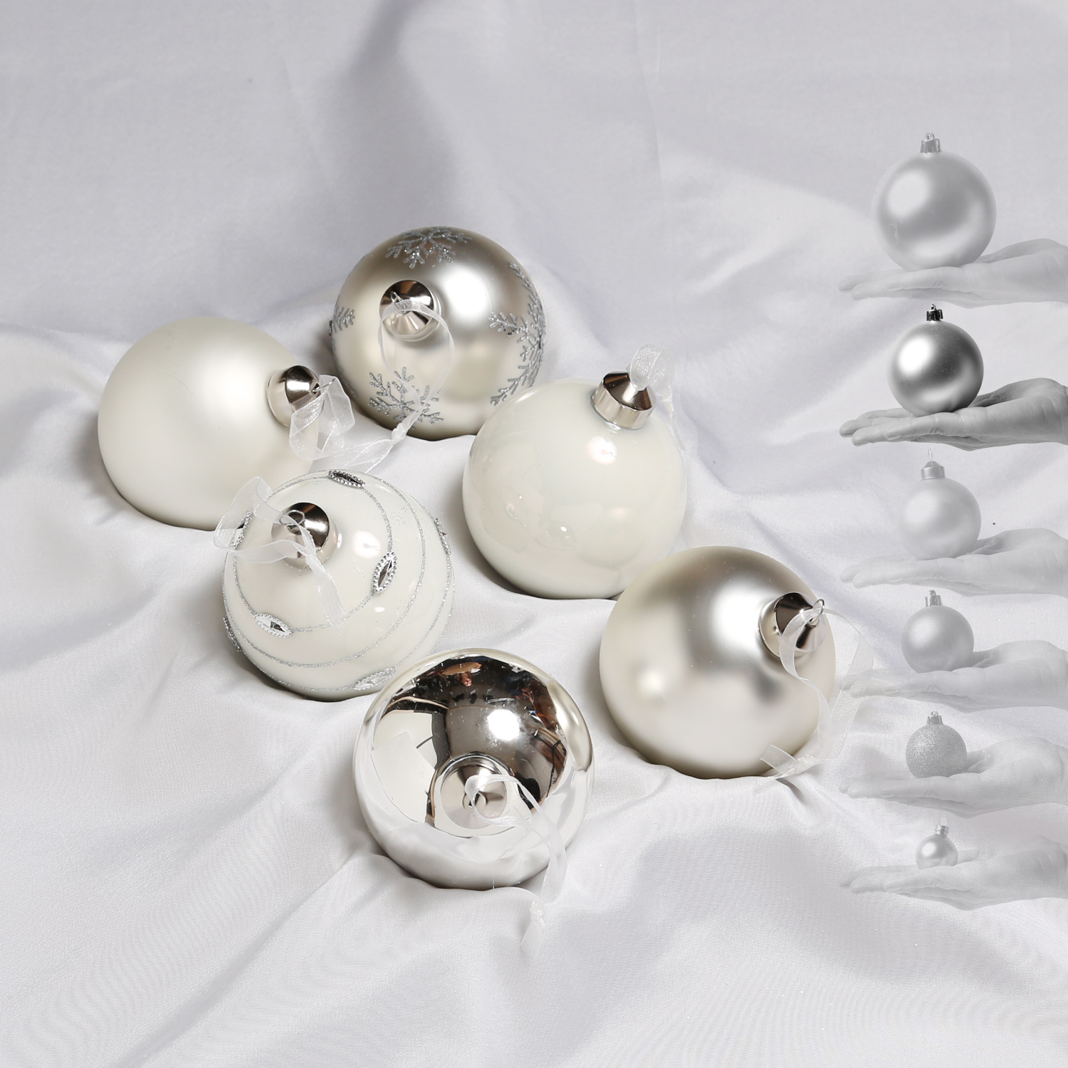 Christbaumkugel - Weihnachtsbaumkugel - Glas - D: 8cm - glänzend und matt - silber, weiß - 6er Set