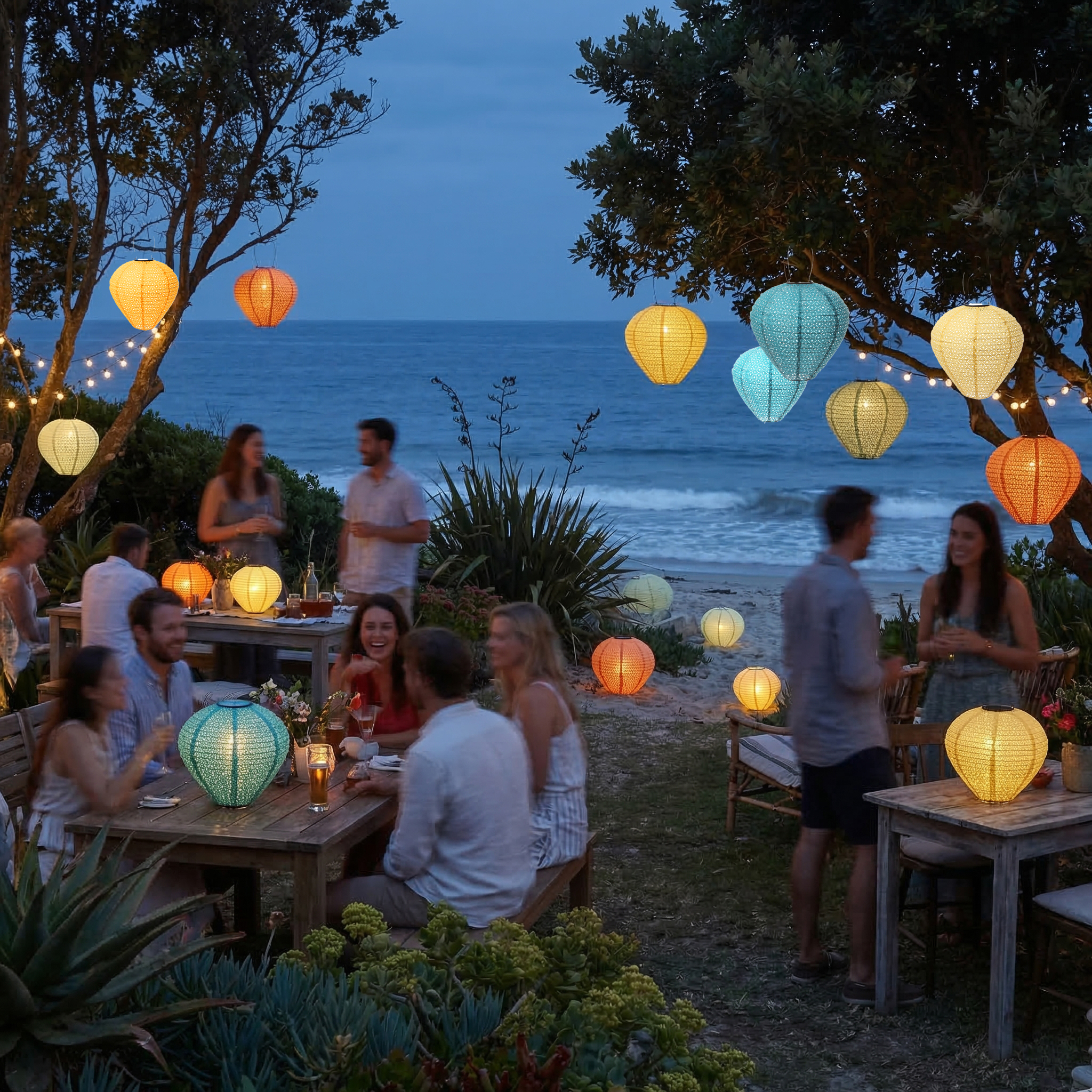 LED Solar Lampion Ballon - mit Blumenmuster - H: 30cm - D: 30cm - Lichtsensor - braun - 2er Set