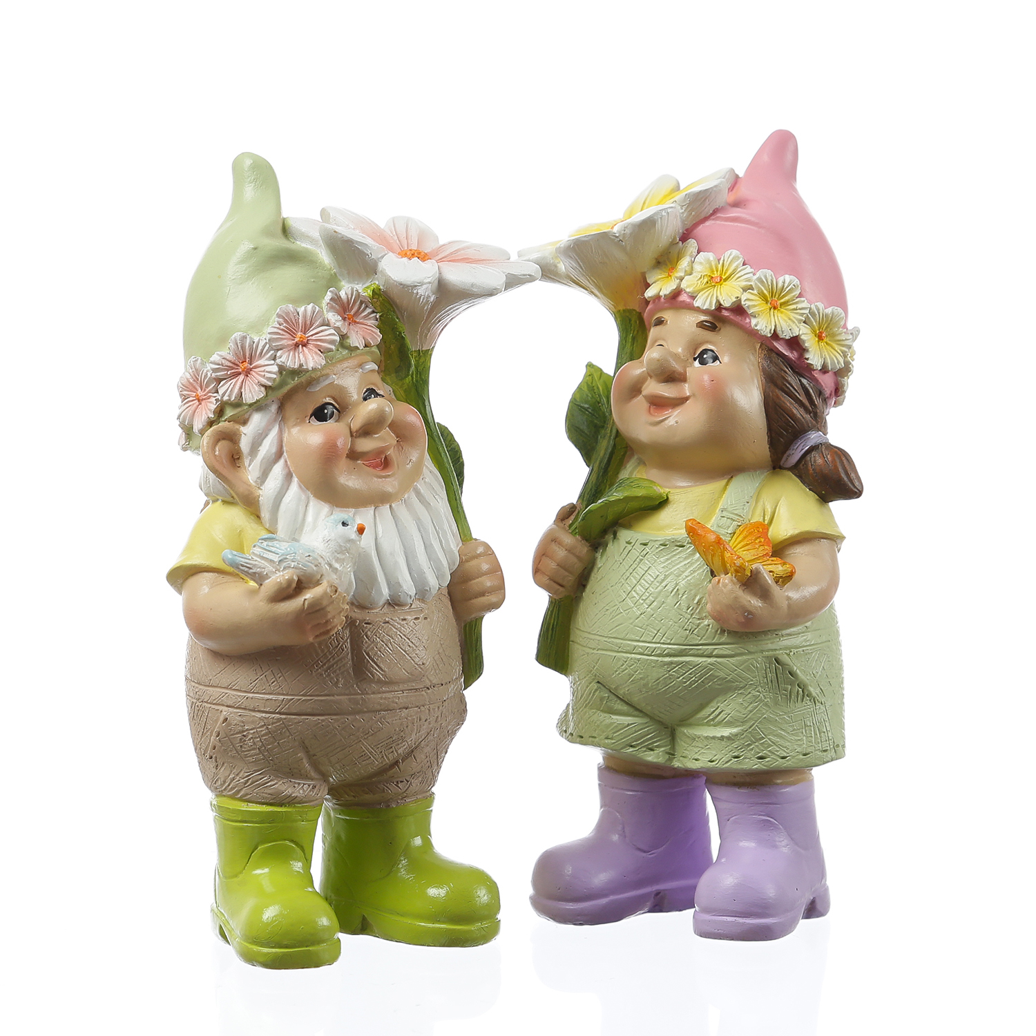 Gartenzwerg BERT - Zwerg mit Vögelchen und Blume - Gartenfigur - Polyresin - H: 17,5cm - bunt