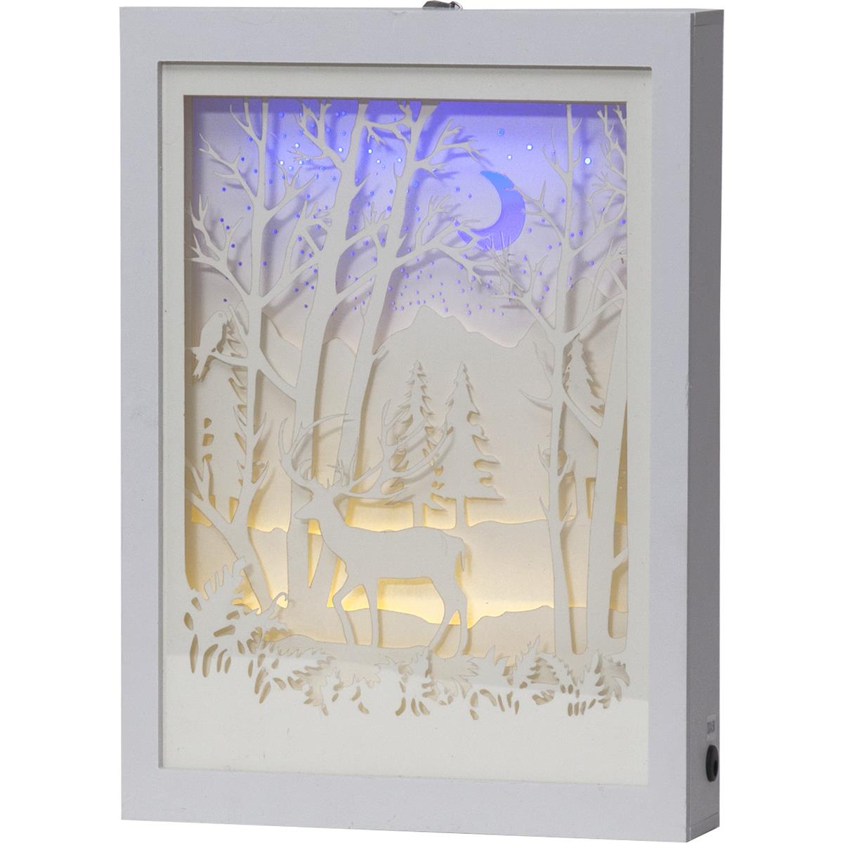 LED-Bild "Scenery"- Hirsch - Material: Kunststoff - weiss - 16 LED - mit Batterie oder Trafo - Timer