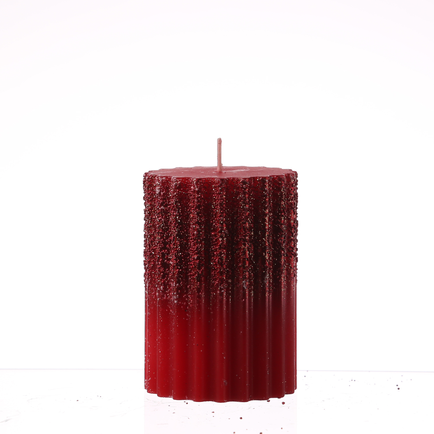 Stumpenkerze - Goldglitzer - geriffelt - H: 10cm - D: 7cm - rot