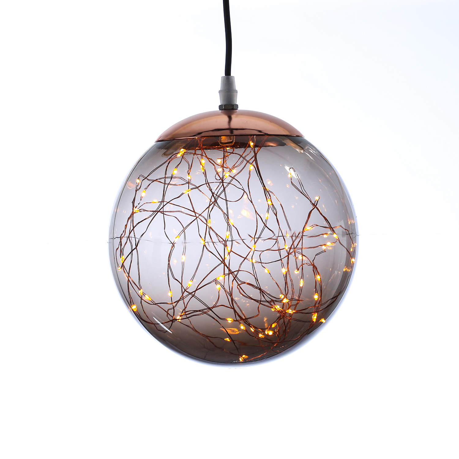 LED Kugel mit Drahtlichterkette - hängend - 80 bernsteinfarbene LED - D: 20cm - f. Außen - rauchgrau