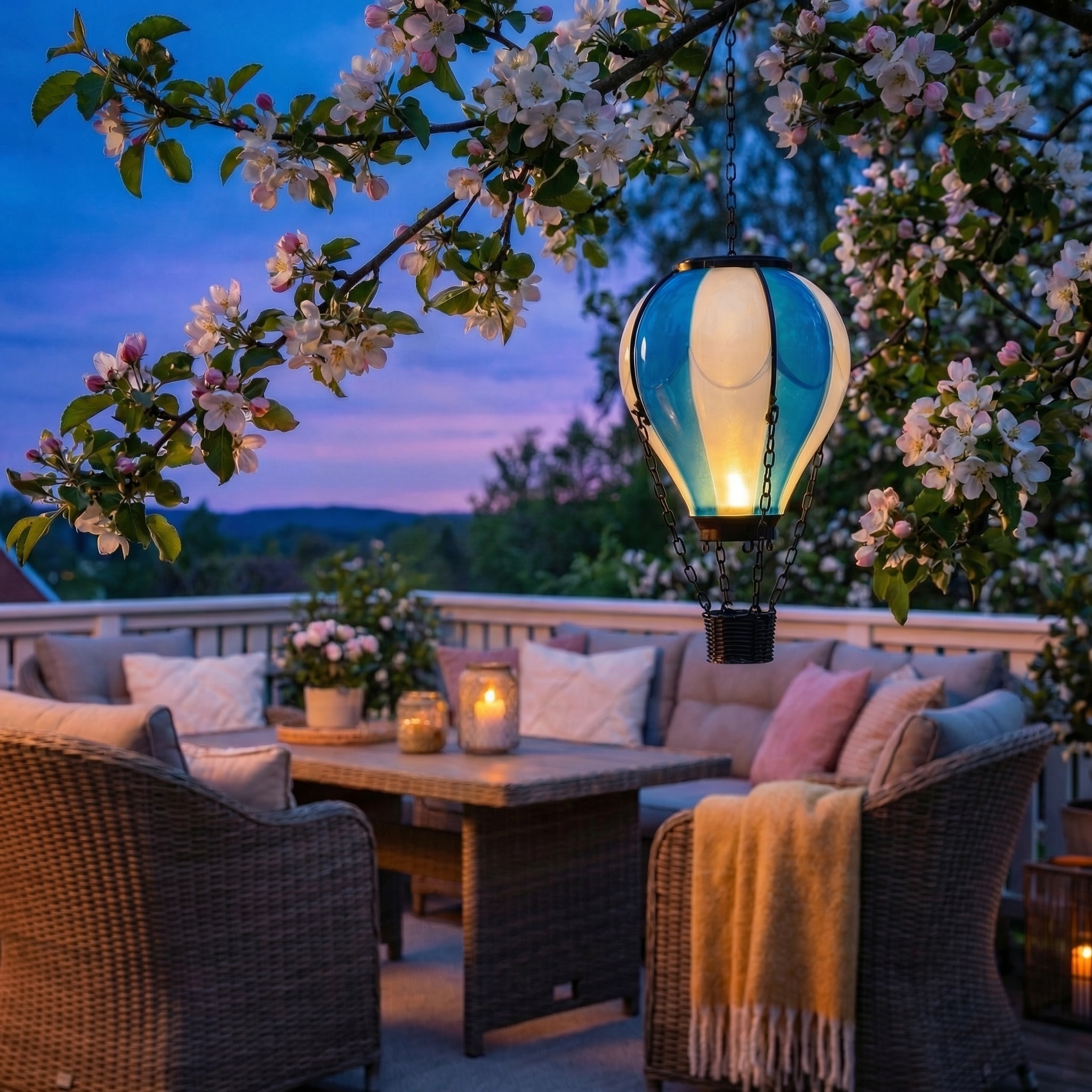 LED Solar Ballon - Heißluftballon mit Flammeneffekt - hängend - H: 25cm - Lichtsensor