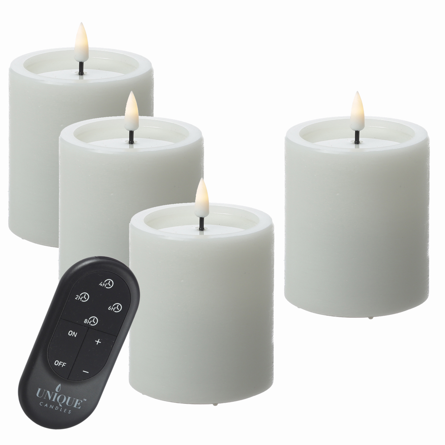 LED Kerzenset UNIQUE - Rustik-Optik - H: 10cm - mit Batterien und Fernbedienung - weiß - 4er Set