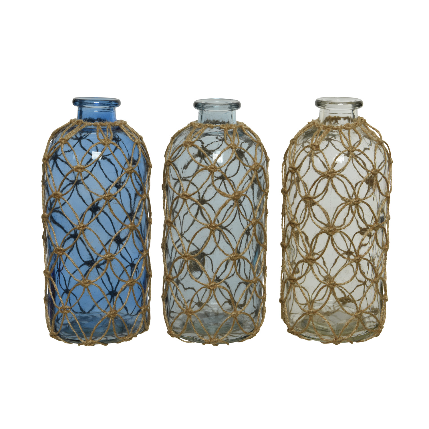 Dekoflasche MARITIM mit Netz - Glasvase - Juteseil Deko - H: 25cm - hellblau