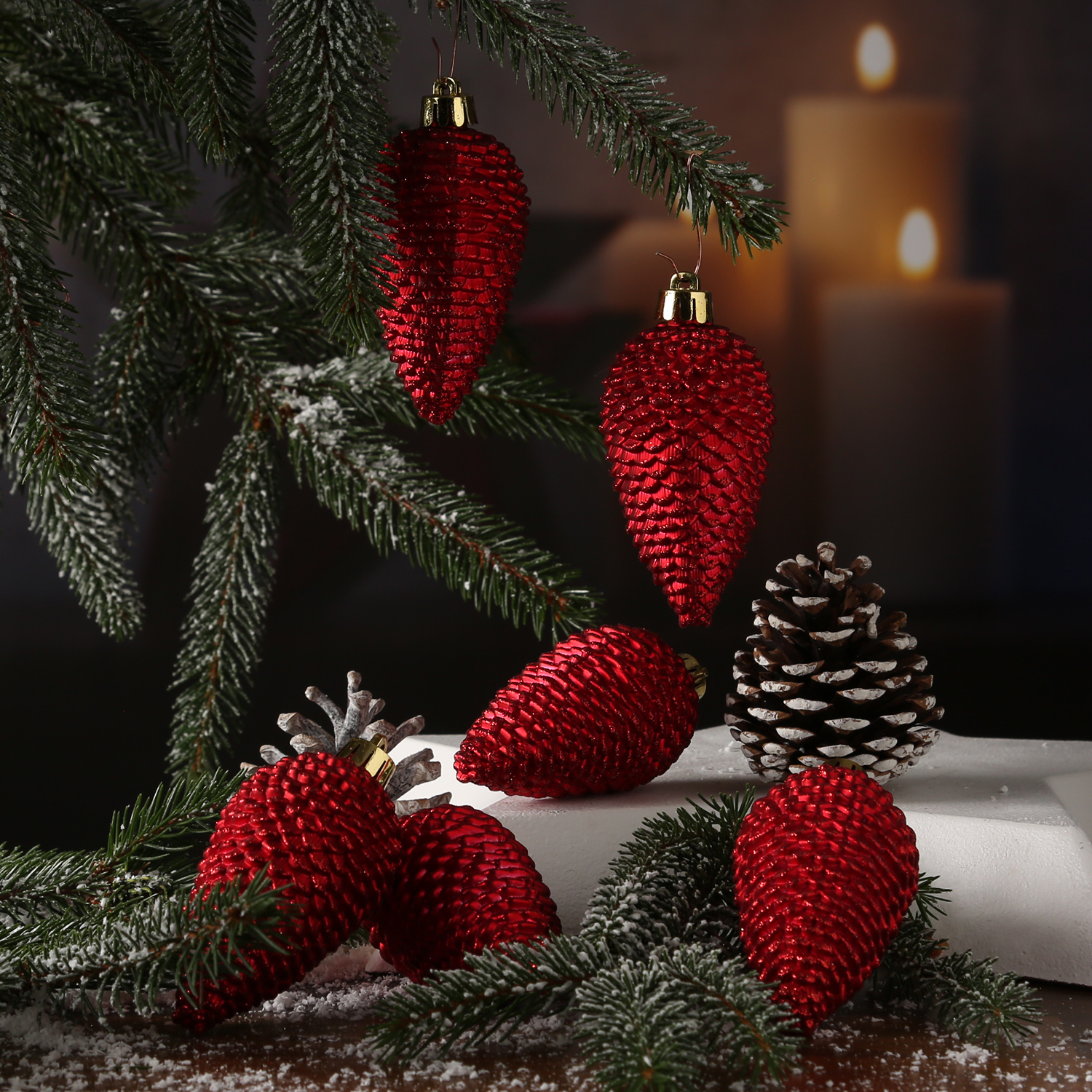 Christbaumschmuck ZAPFEN - Weihnachtsbaumschmuck - bruchfest - glitzernd - H: 8cm - rot - 6er Set