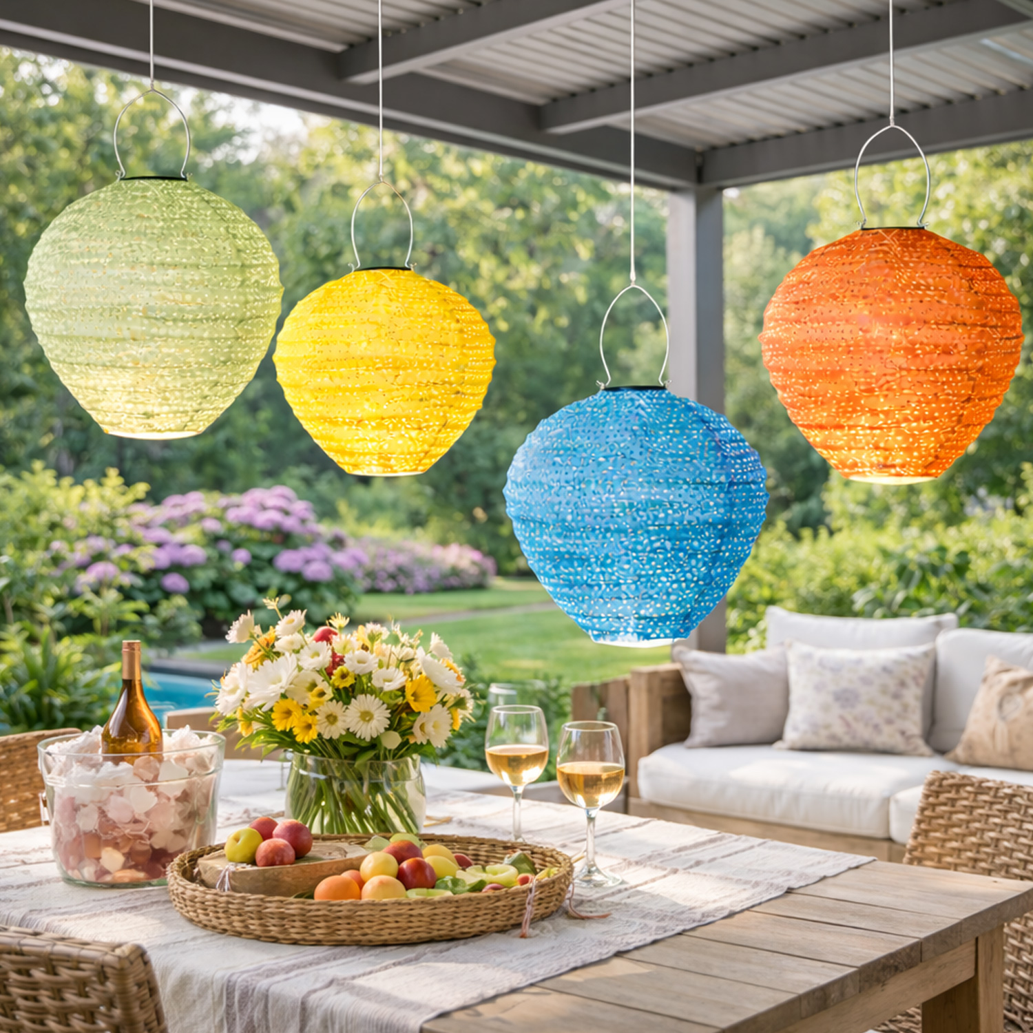 LED Solar Lampion Ballon - mit Blumenmuster - H: 30cm - D: 30cm - Lichtsensor - bunt - 4er Set