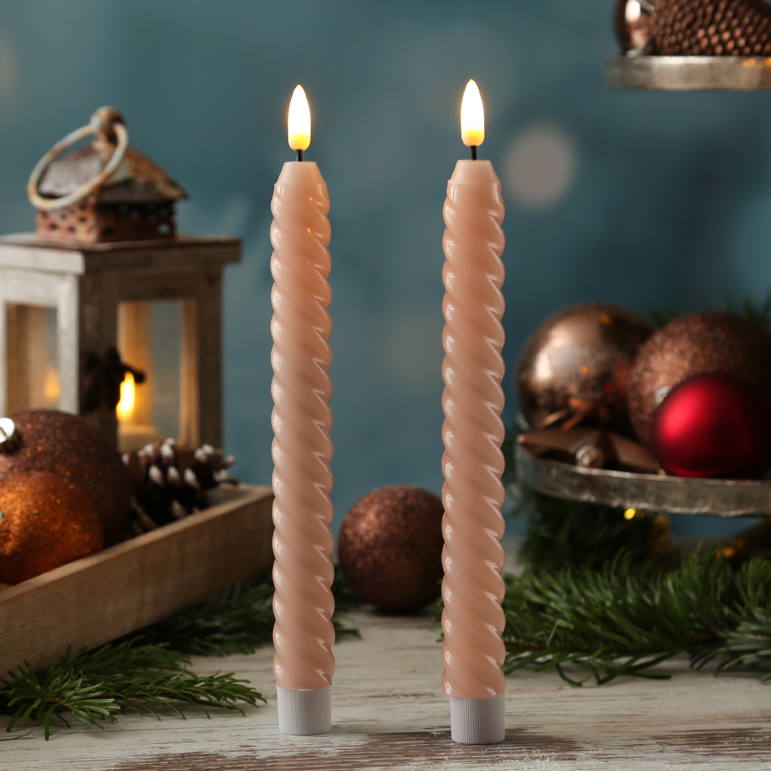 LED Stabkerzen SWIRL - Echtwachs - flackernde 3D Flamme - H: 25cm - Timer - rosa - 2er Set