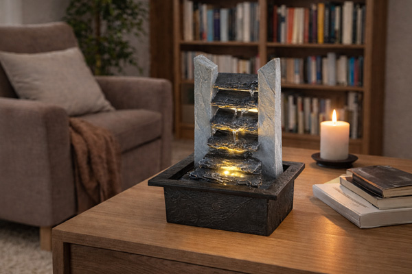 Kaskadenbrunnen Schieferlook Tischbrunnen mit LED H27cm