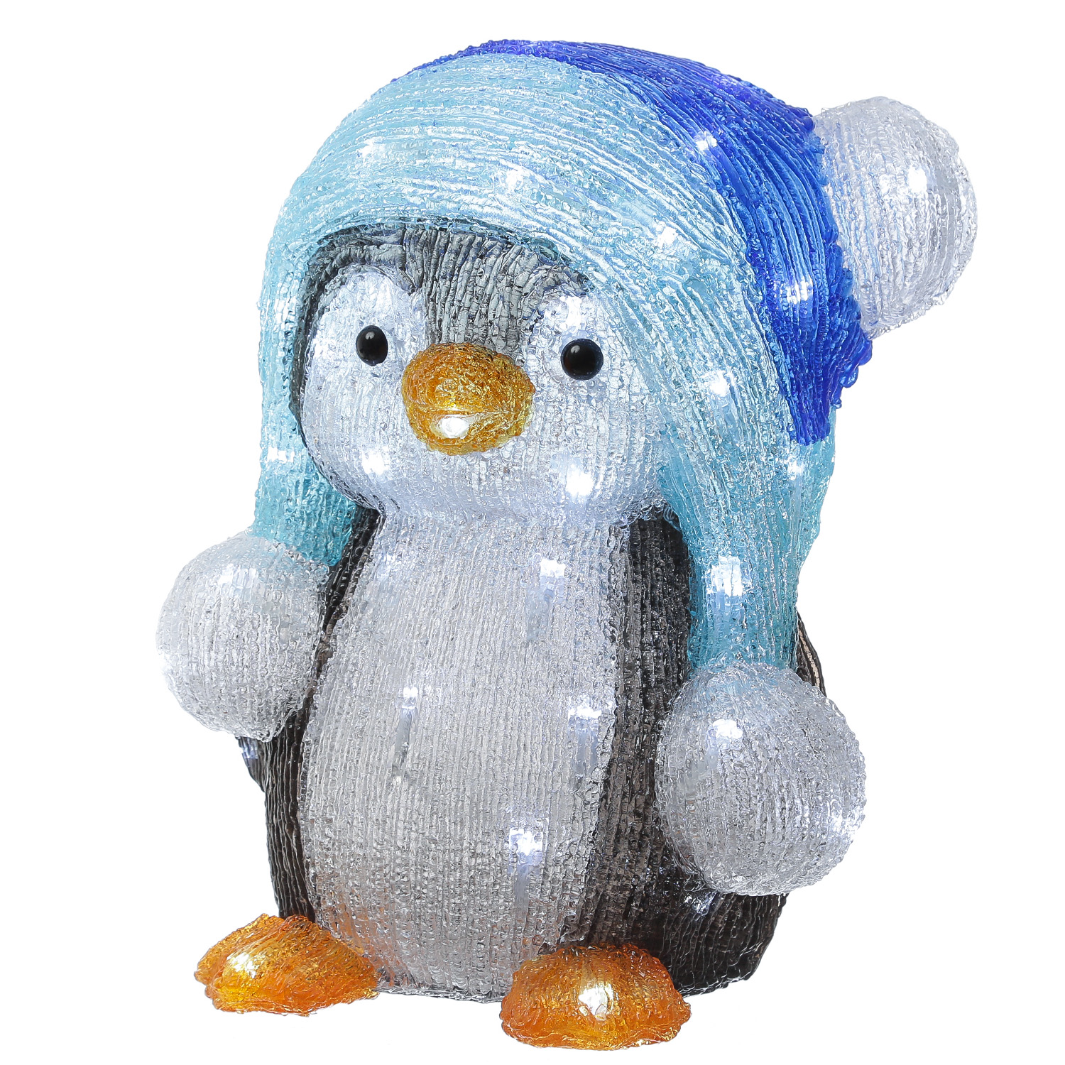 LED Pinguin mit Bommelmütze - Acrylfigur - 60 kaltweiße LED - H: 33cm - Timer - Außentrafo
