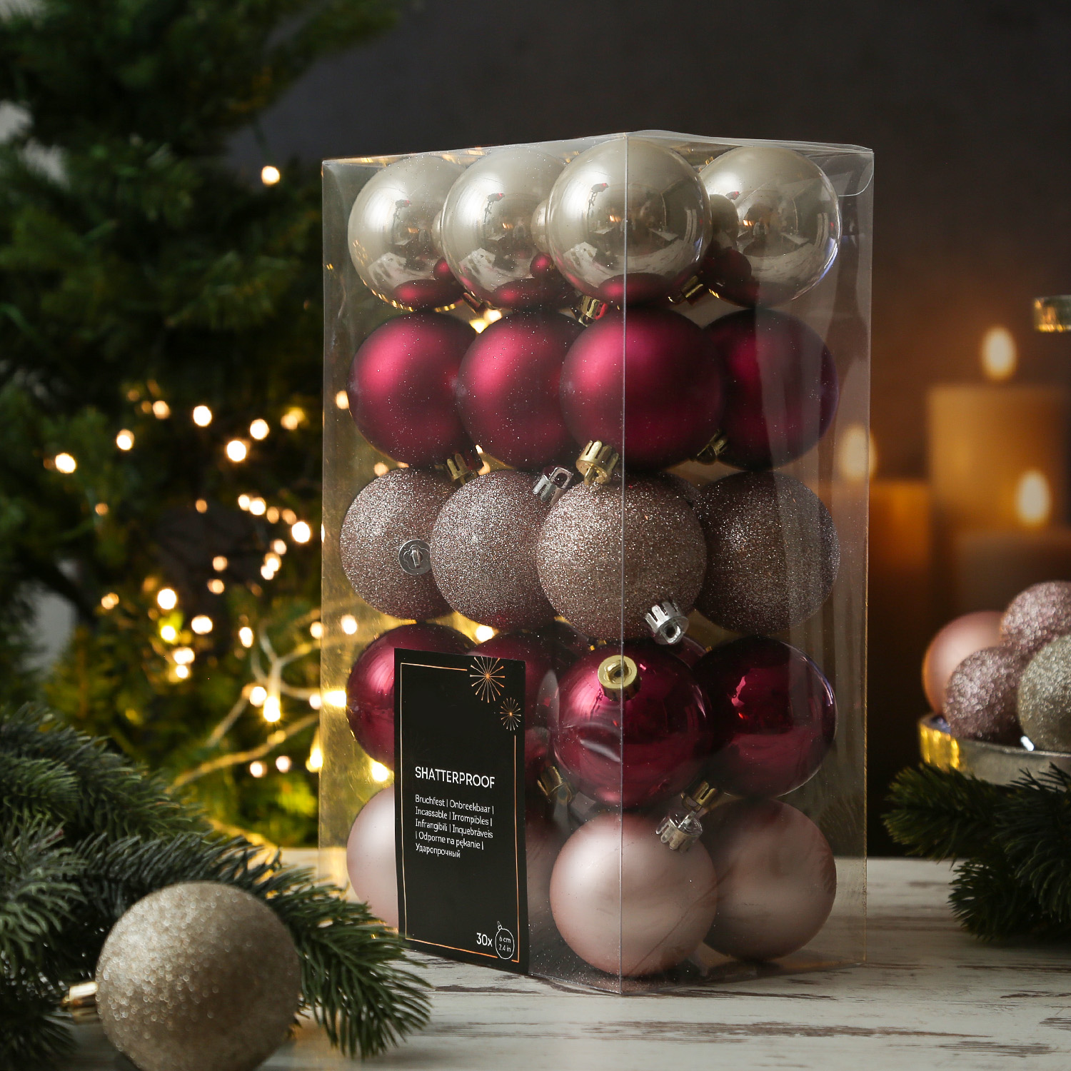 Christbaumkugeln - Baumkugel - bruchfest - D: 6cm - glänzend/matt/glitzernd - pink, rosa - 30St.
