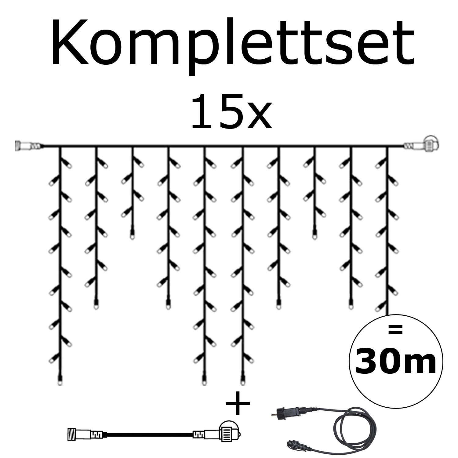 SYSTEM 24 KOMPLETT SET 30m - LED Lichtervorhang Eisregen 30x1m - Icicle für Dachrinne, Terrasse