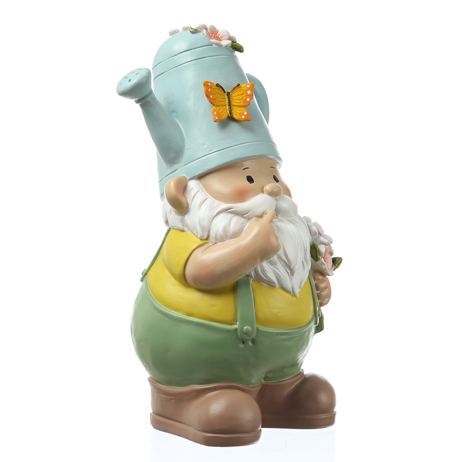 Gartenzwerg mit Gießkannen-Mütze - Zwerg mit Blumenstrauß - Gartenfigur aus Polyresin - H: 24,5cm