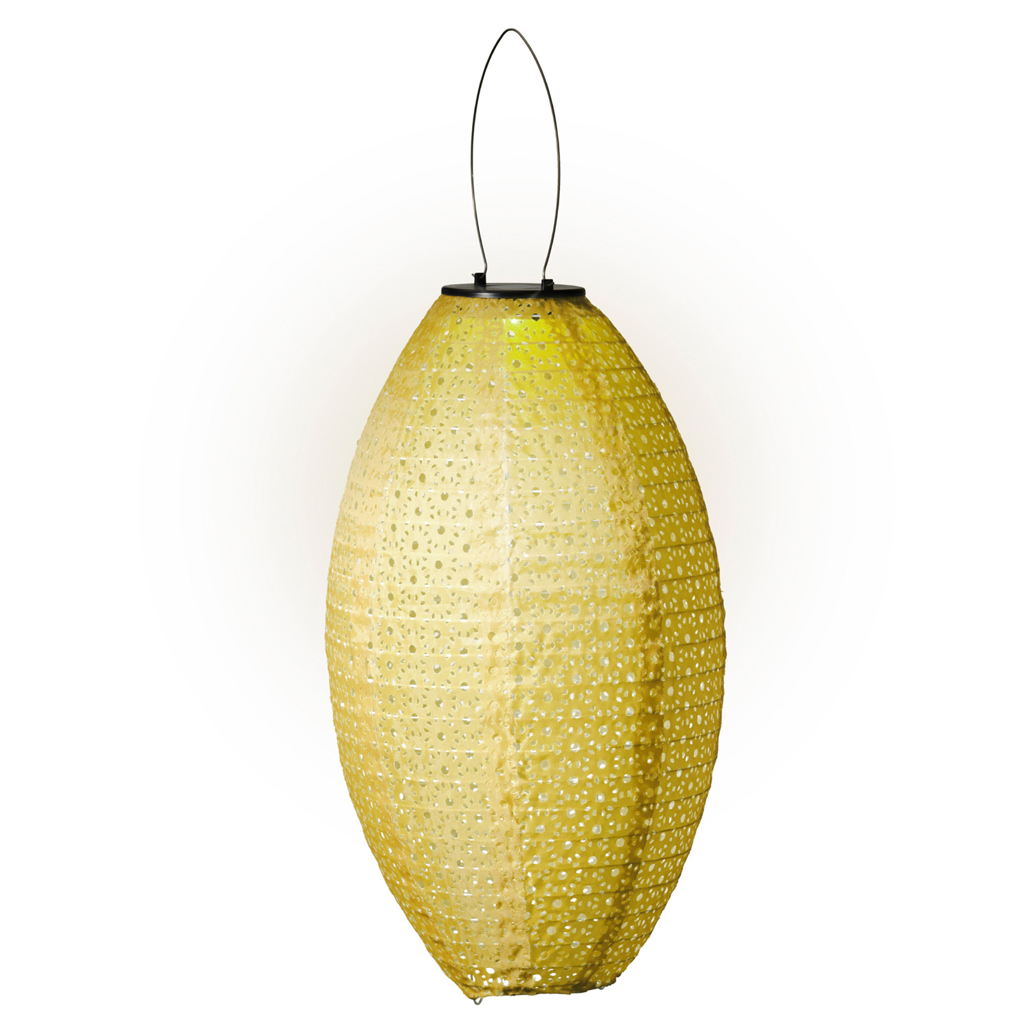 LED Solar Lampion oval - mit Blumenmuster - warmweiße LED - H: 38cm - D: 23cm - Lichtsensor - gelb