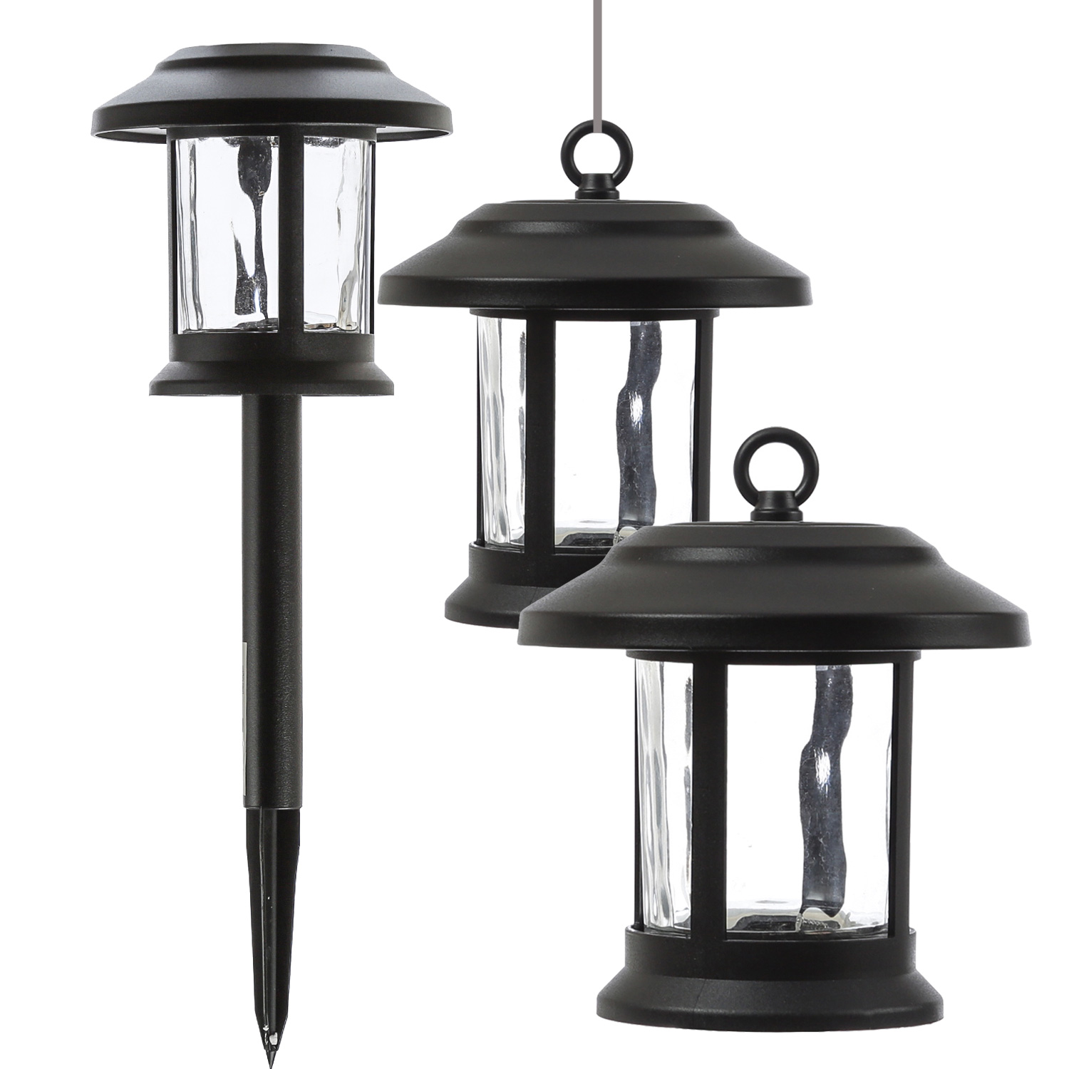 LED Solar Gartenleuchte 3in1 - Laterne/Hängeleuchte/Wegleuchte - H: 32cm - Lichtsensor - 2er Set LED Solar Gartenleuchte 3in1 - Laterne/Hängeleuchte/Wegleuchte - H: 32cm - Lichtsensor - 2er Set