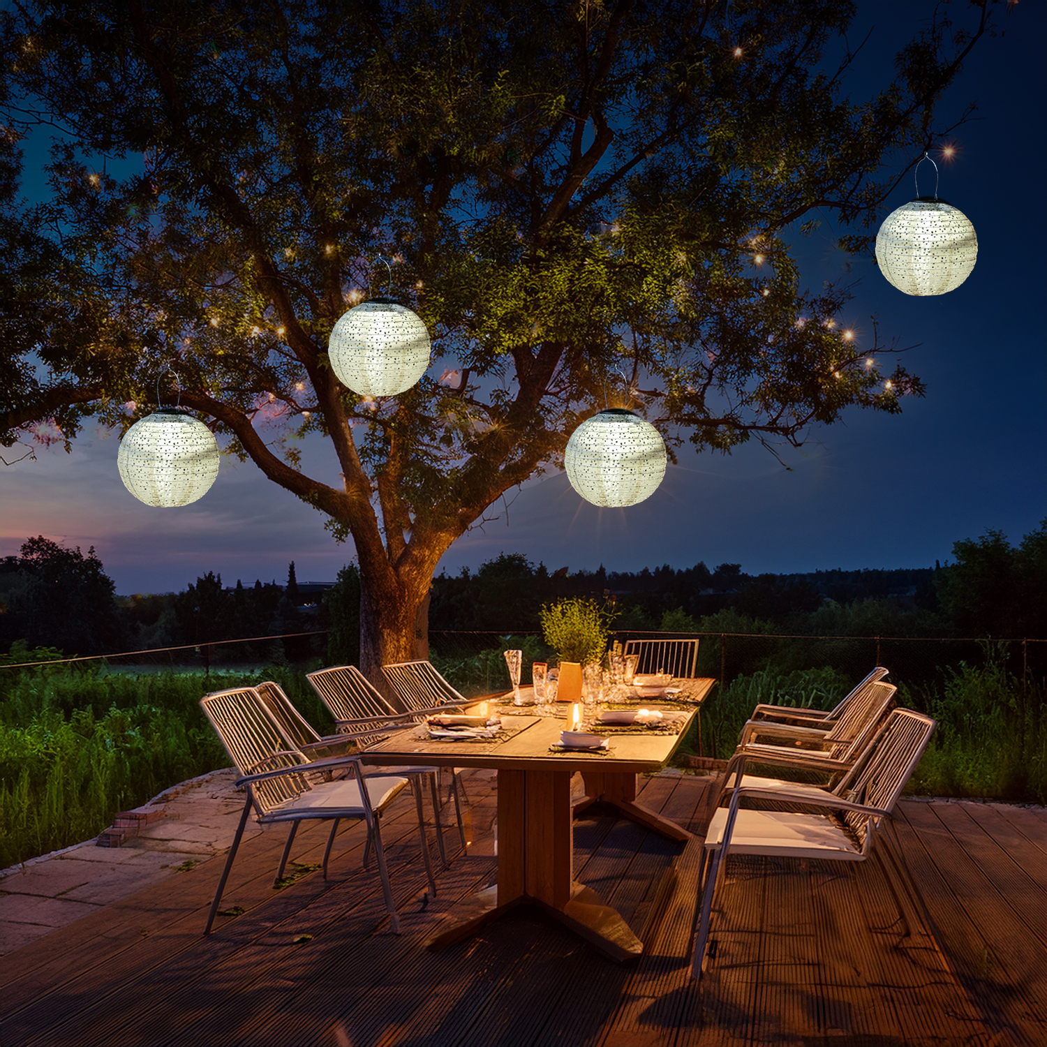 LED Solar Lampions - mit Blumenmuster - warmweiße LED - D: 25cm - Lichtsensor - beige - 2 Stück