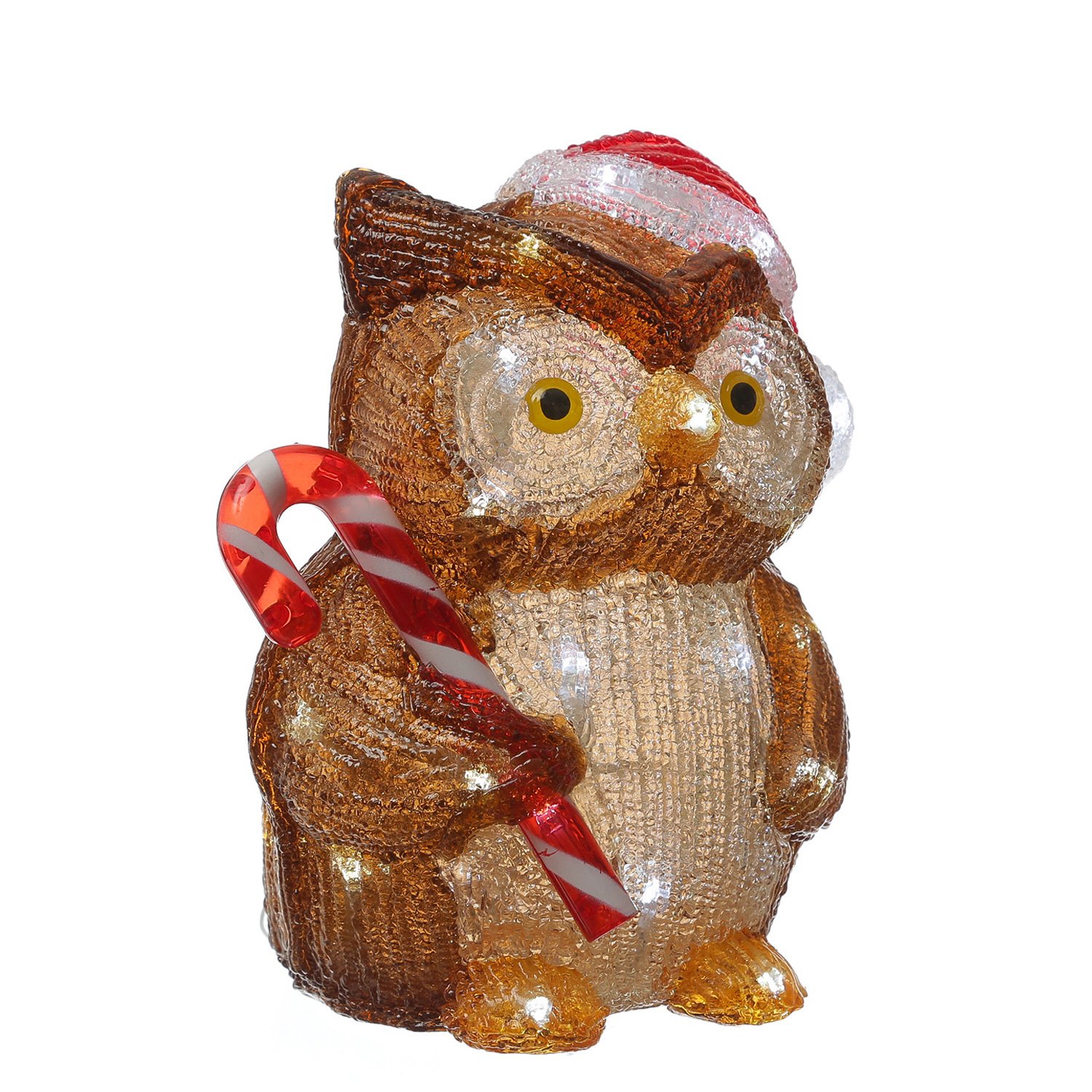 LED Eule mit Zuckerstange - Acrylfigur - 32 kaltweiße LED - H: 24cm - Timer - Batteriebetrieb