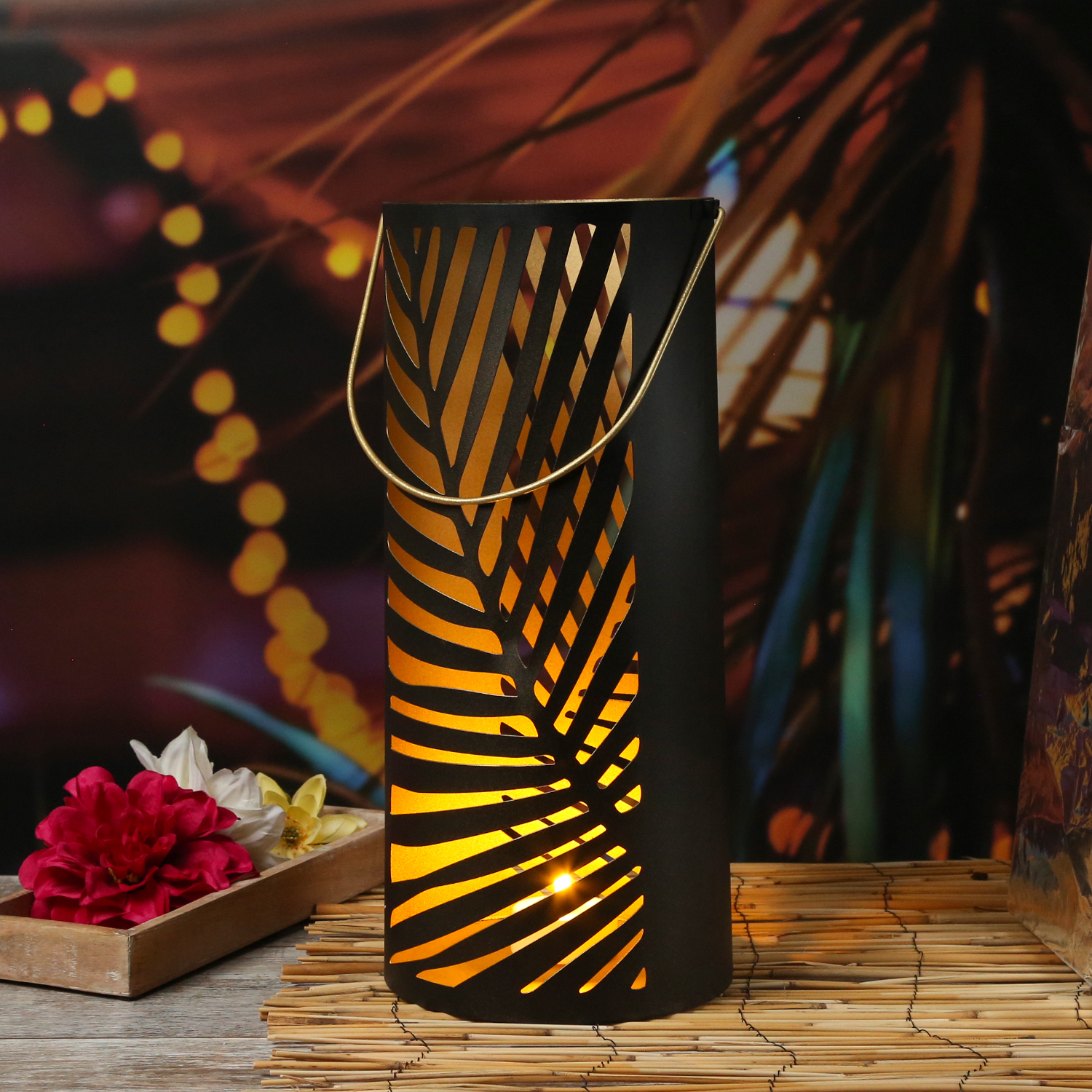 Windlicht mit Blattmotiv - mit Henkel - Metall - 3 verschiedene Größen - schwarz/gold - 3er Set
