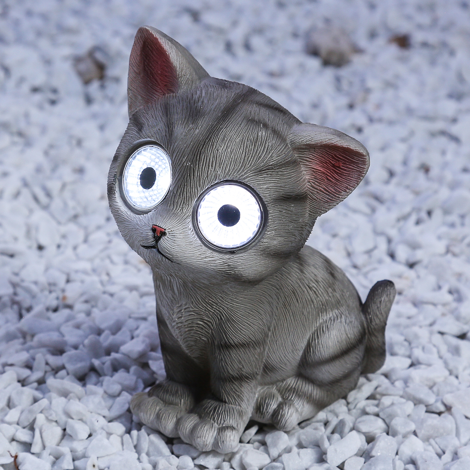 LED Solar KATZE FELIX - Gartenfigur - 2 kaltweiße LED - H: 16cm - grau gestreift