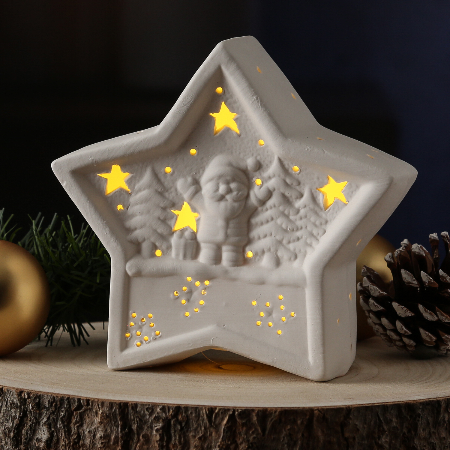 LED Dekostern NIKOLAUS - Keramik - weihnachtliches Motiv - H: 16cm - Batterie - weiß