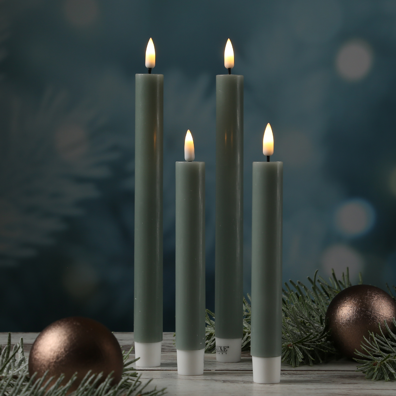 LED Stabkerzen MIA - Echtwachs - realistische 3D Flamme - H: 24cm - salbeigrün - 2 Stk