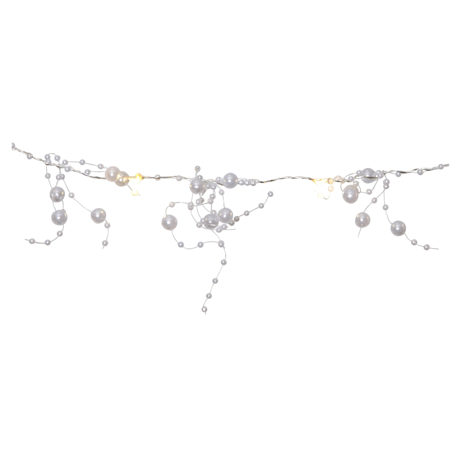 LED Lichterkette weiße Perlen - 20 warmweiße LED - silberner Draht - 1,9m - Batterie - Timer