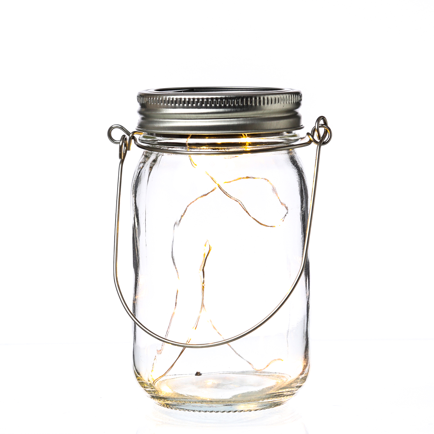 LED Solar Glas - Windlicht - mit Drahtlichterkette - Lichtsensor - H 18cm - transparent