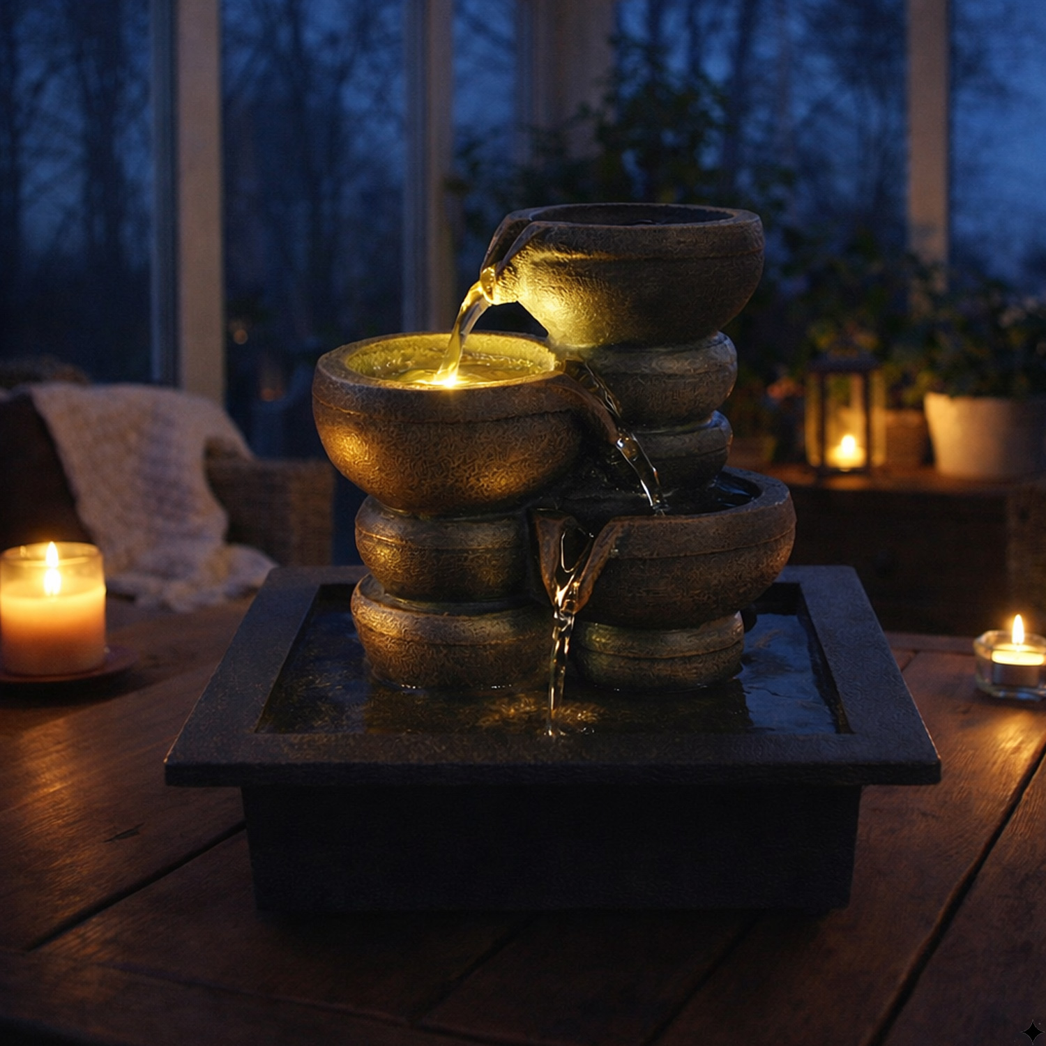 Kaskaden-Tischbrunnen mit LED Beleuchtung H25cm Zimmerbrunnen innen und außen