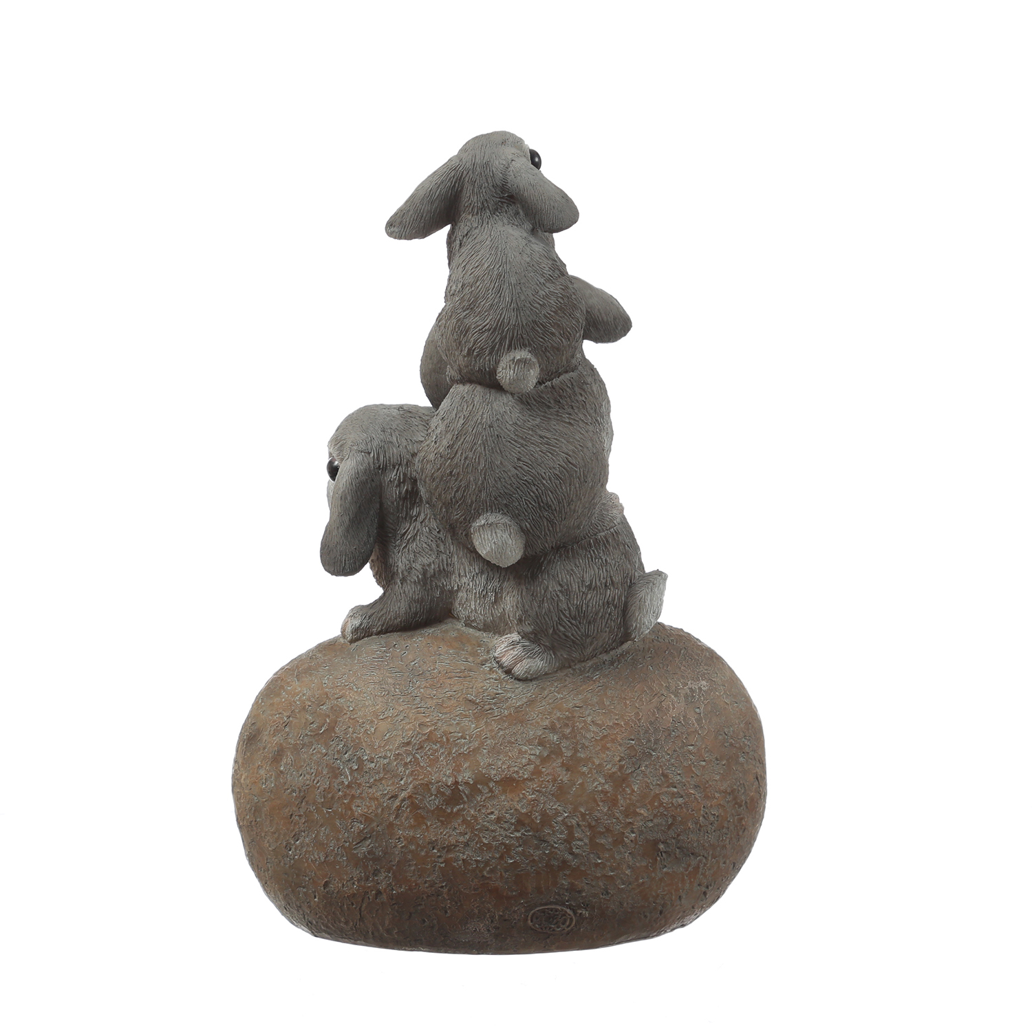 Gartenfigur Welcome - 3 Häschen auf Stein - Dekofigur - H: 26cm - Polyresin - grau