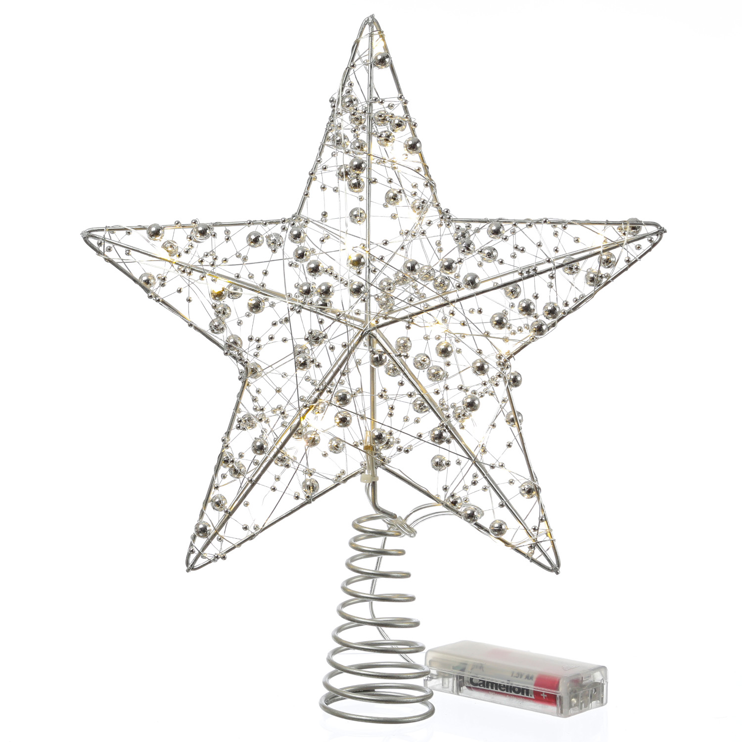 LED Weihnachtsbaumspitze Stern mit Perlen - 15 warmweiße LED - Batterie - Timer - H: 29cm - silber