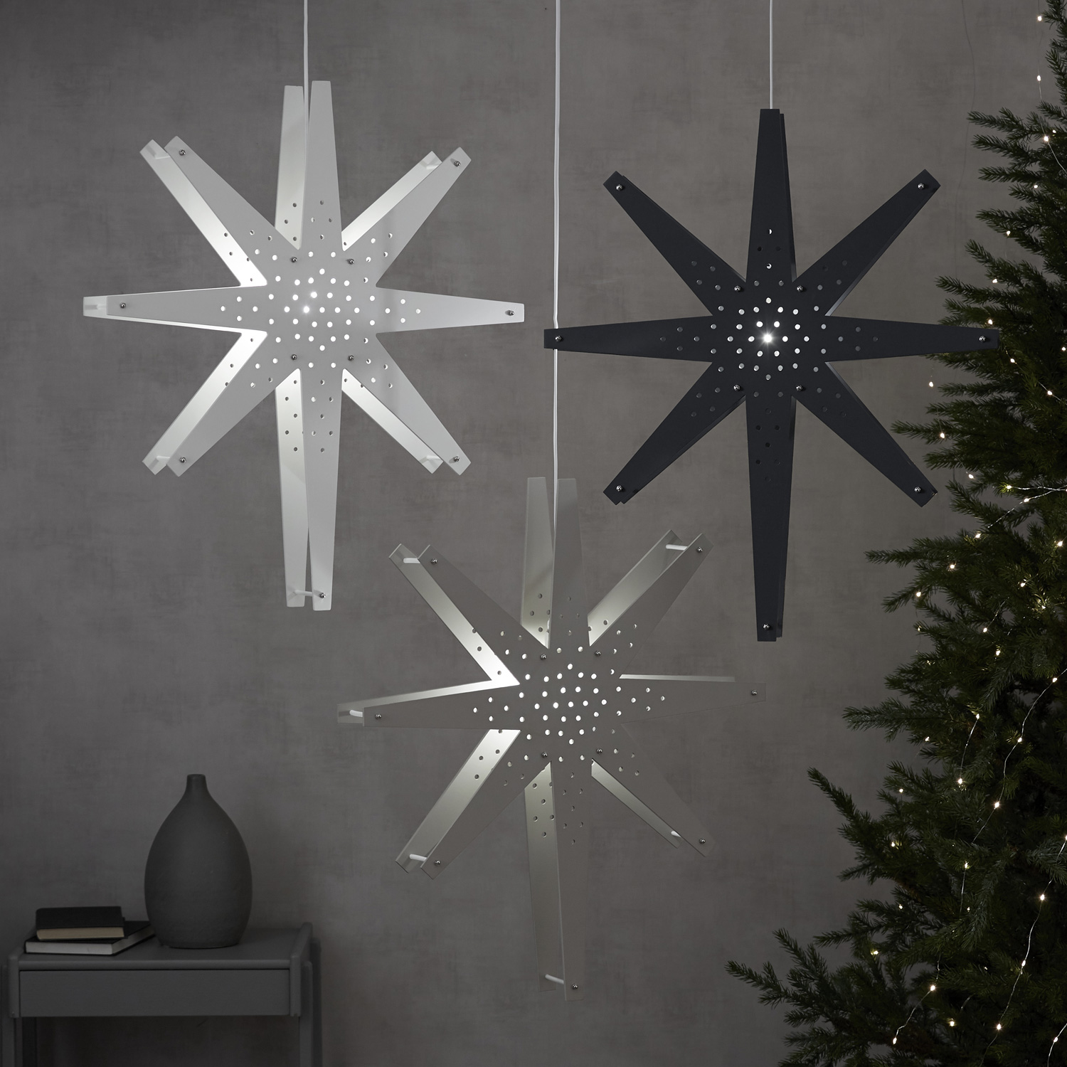 Holzstern Tall - hängend - 8-zackig - D: 60cm, H: 70cm - inkl. E14 Fassung u. Kabel - grau