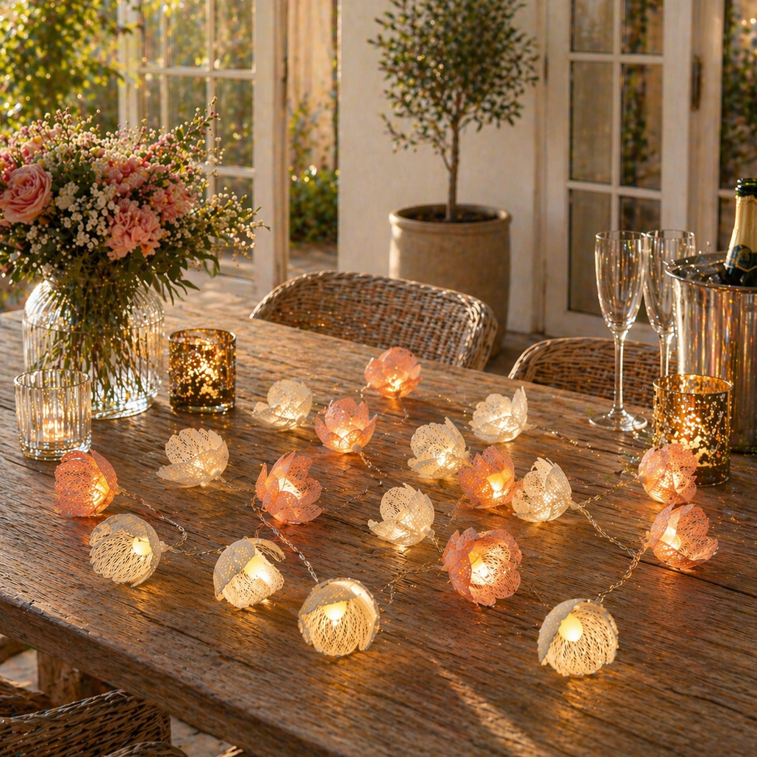 LED Lichterkette Blumen - 15 weiße u. rosa Blüten - Batterie/Timer - L: 1,4m - Innen/Außen