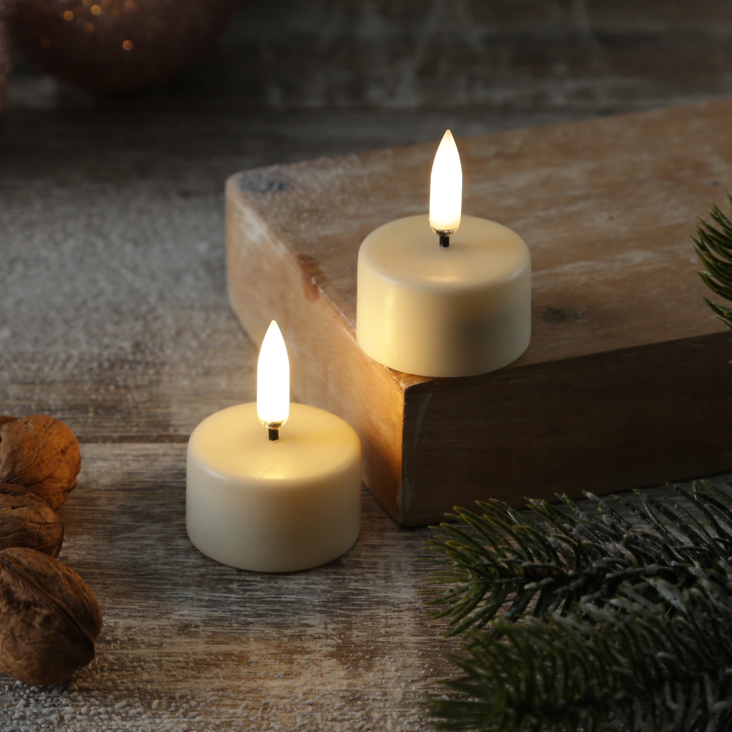 LED Teelichter THEA - 3D Flamme - D: 4cm - H: 5,3cm - Timer - inkl. Batterie - creme - 2er Set