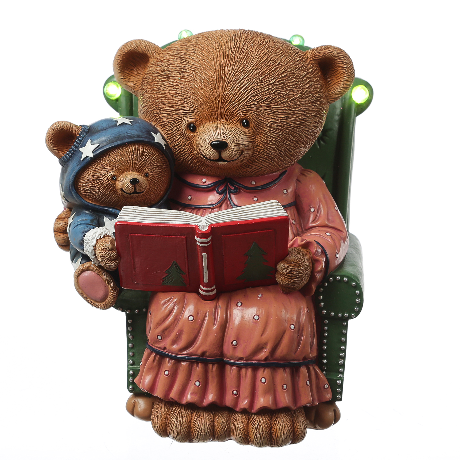 LED Bär mit Teddybär im Sessel mit Buch - Dekofigur - Polyresin - H: 22cm - Batterie - Timer