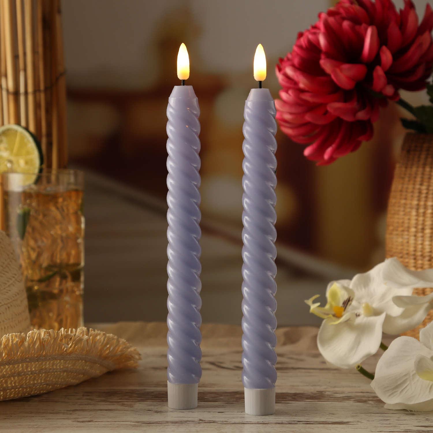 LED Stabkerzen SWIRL - Echtwachs - flackernde 3D Flamme - H: 25cm - Timer - flieder - 2er Set