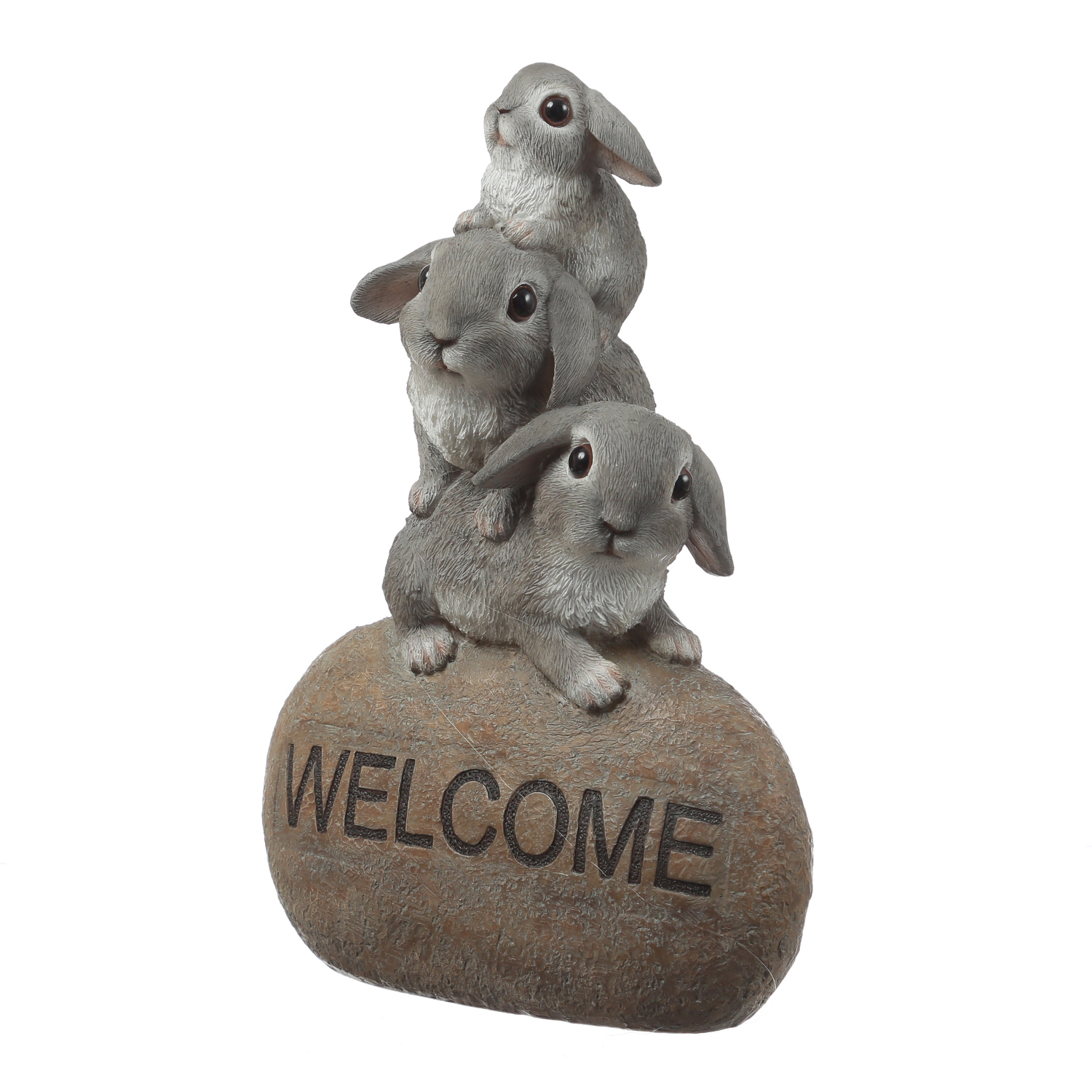 Gartenfigur Welcome - 3 Häschen auf Stein - Dekofigur - H: 26cm - Polyresin - grau