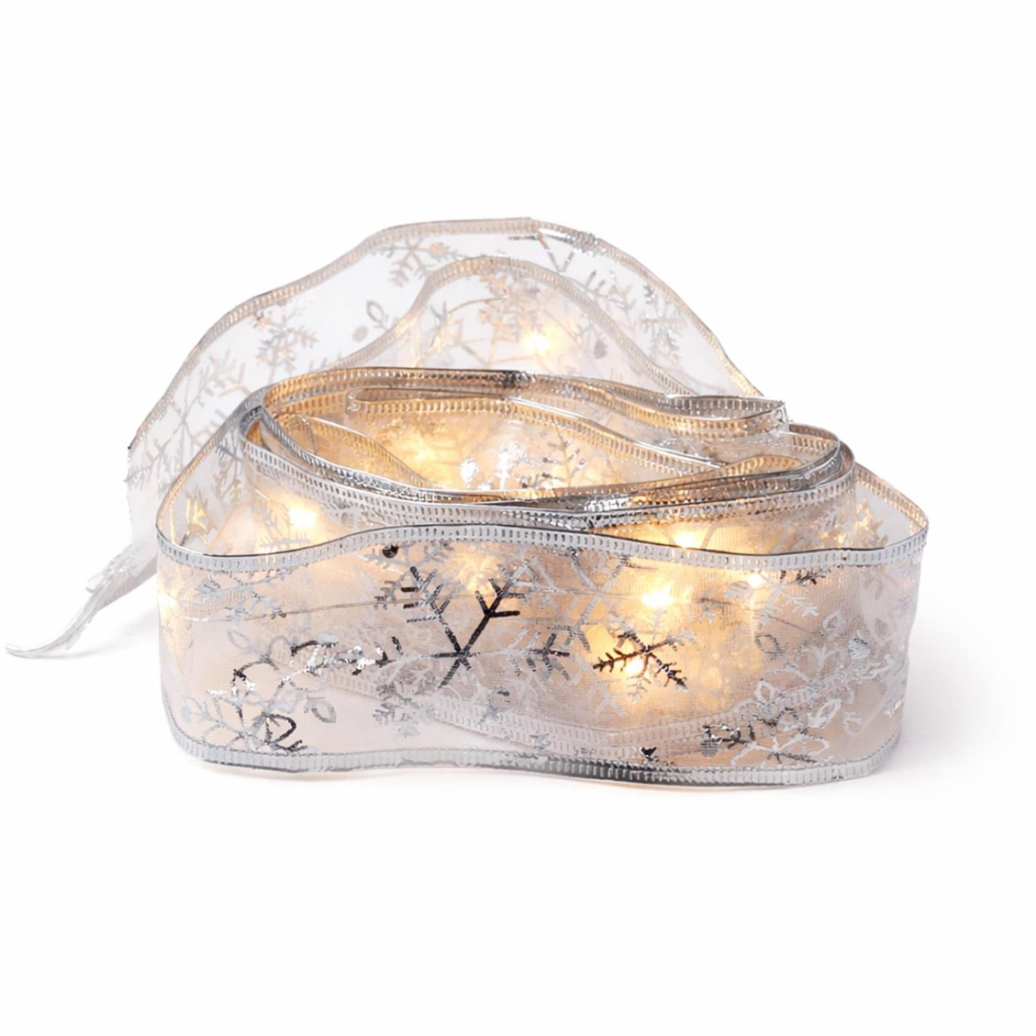 LED Seidenband Lichterkette - Geschenkband - Schneeflockenmotiv - 30 LED - 27m - Batterie - silber
