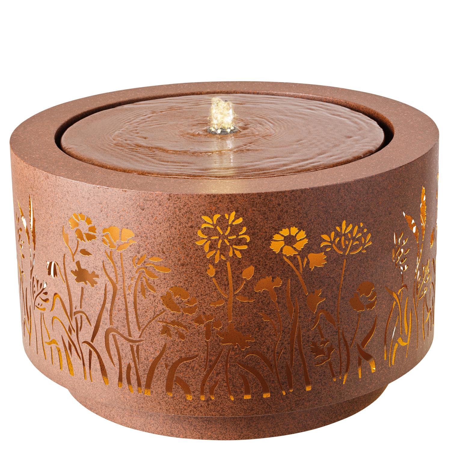 LED Brunnen mit Blumenwiesemuster - Gartenbrunnen - Stahl - D: 50cm - für Außen - rostbraun