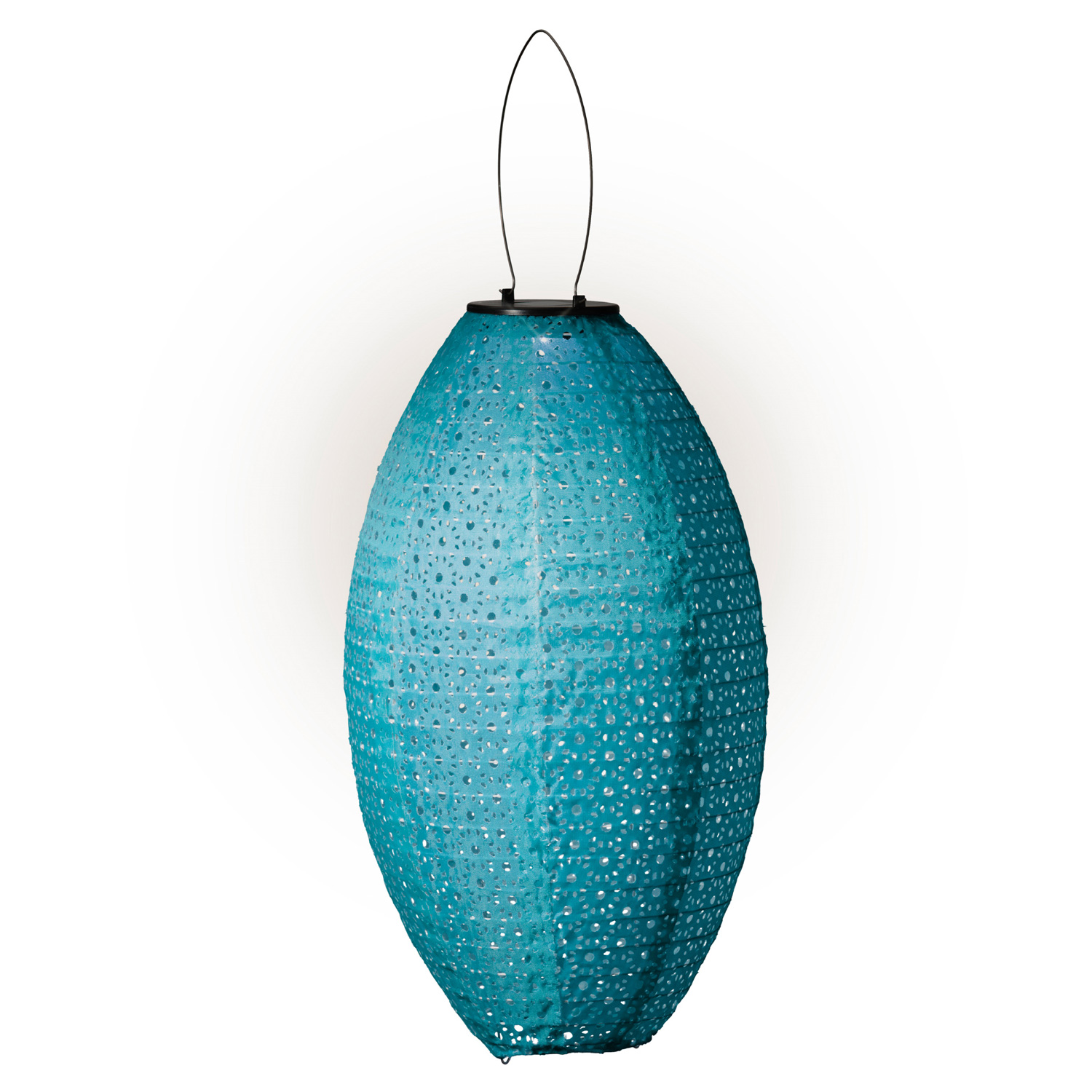 LED Solar Lampion oval - mit Blumenmuster - warmweiße LED - H: 38cm - D: 23cm - Lichtsensor - blau