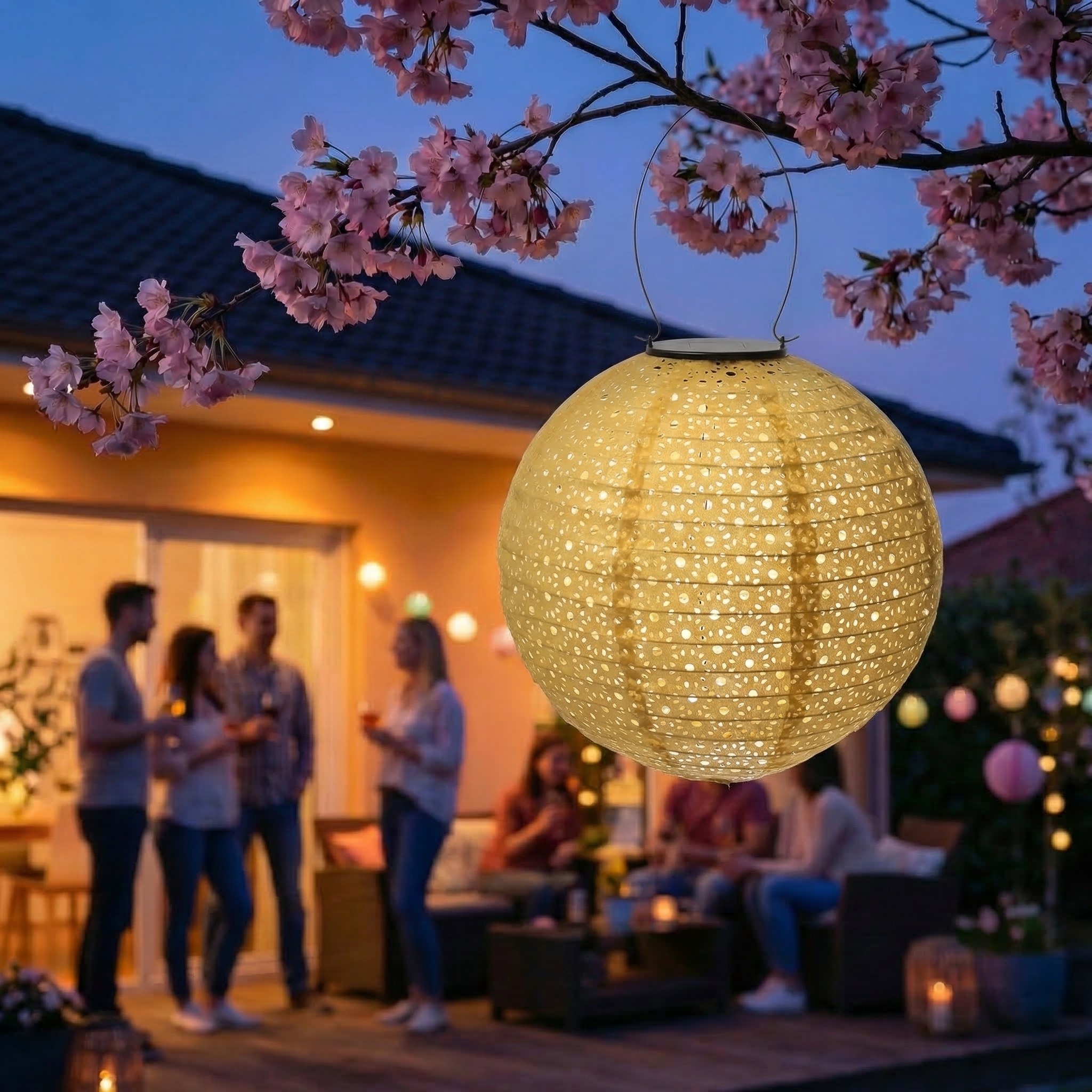LED Solar Lampion - mit Blumenmuster - H: 25cm D: 25cm - Lichtsensor - gelb - 2er Set