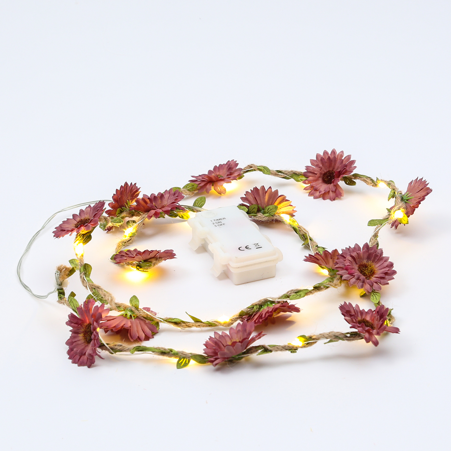 LED Lichterkette Blumen - 20 warmweiße LED - Batterie - Timer - L: 1,45m - für Außen - rot/lila