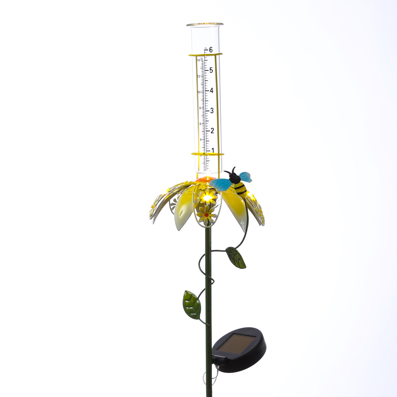 LED Solar Regenmesser mit Blume und Biene  - Gartenstecker - H: 84cm - Lichtsensor - gelb, grün