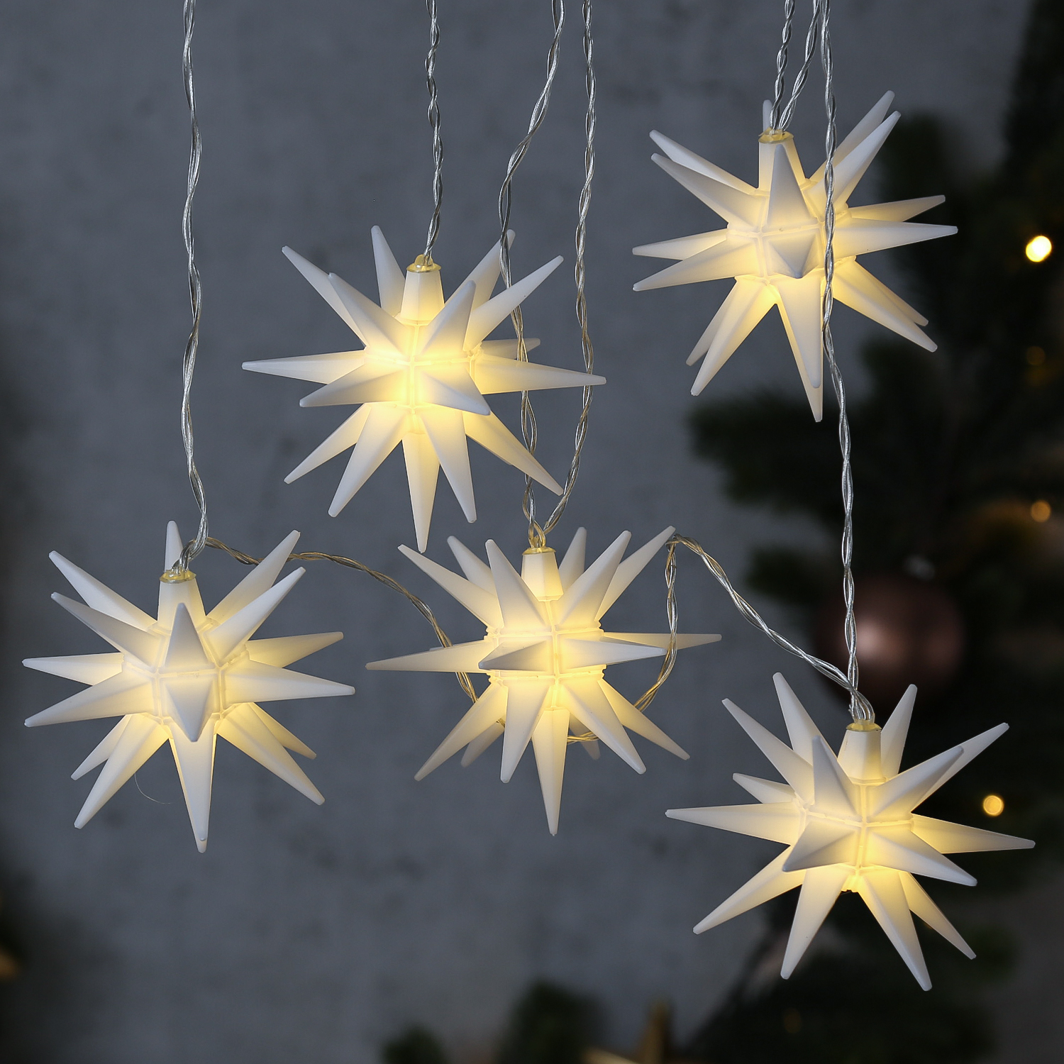 LED Lichterkette 3D Sterne - 8 warmweiße LED - L: 2,80m - Trafo - für Außen - weiß
