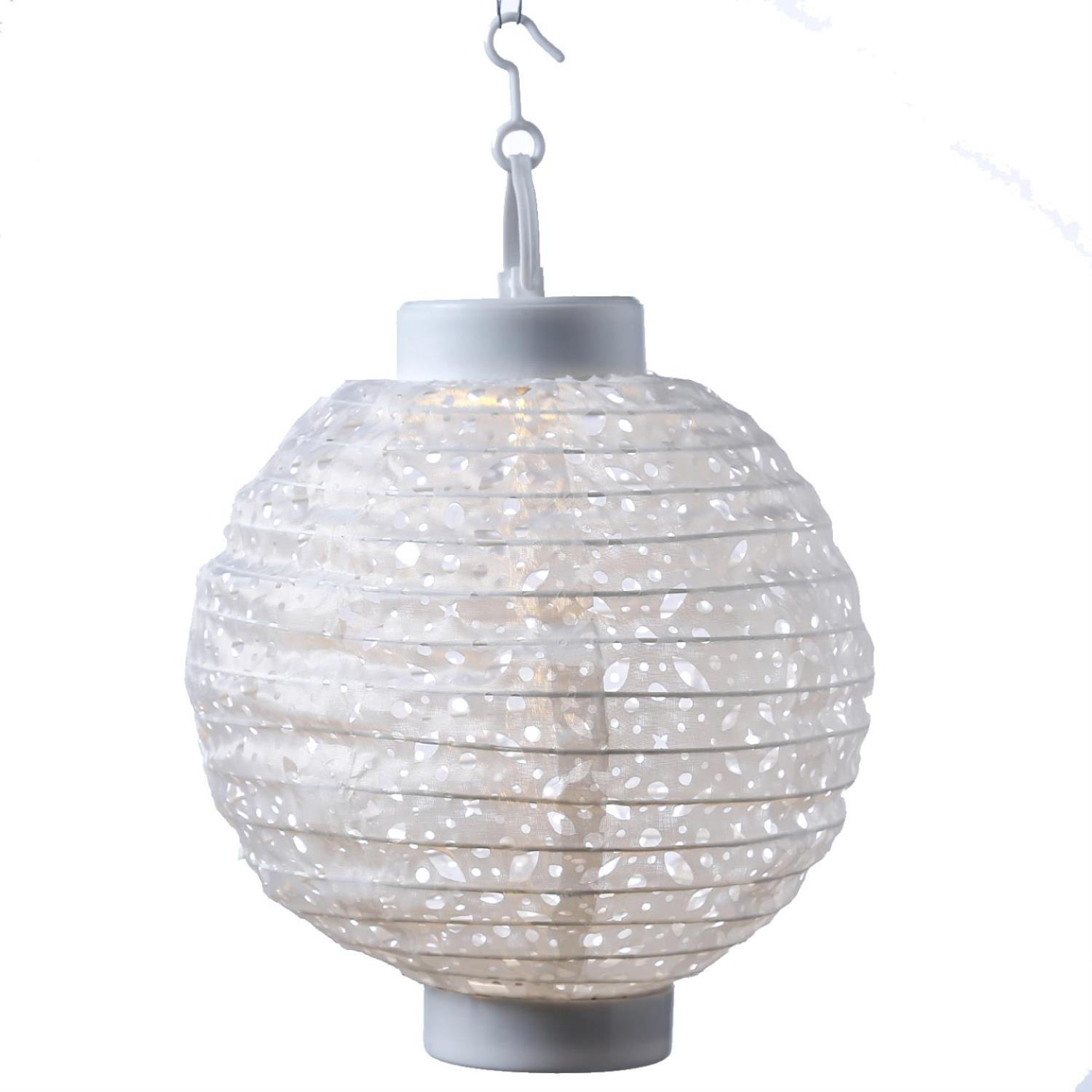 LED Solar Lampion - mit Muster - warmweisse LED - H- 23cm - D- 20cm - Lichtsensor - weiss