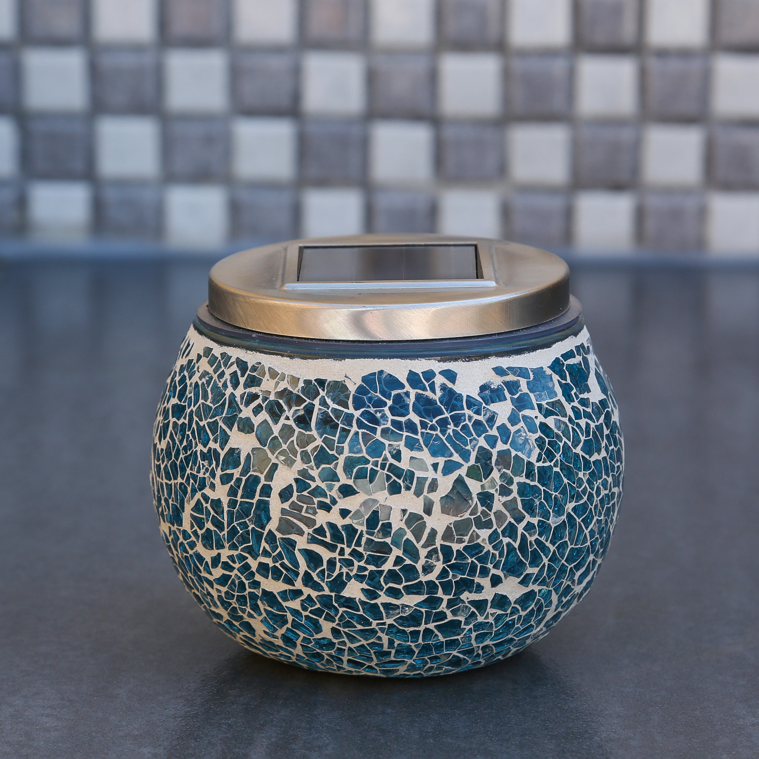 LED Solar Windlicht - Mosaik Glas - Lichtsensor - H: 10cm - Outdoor - blau