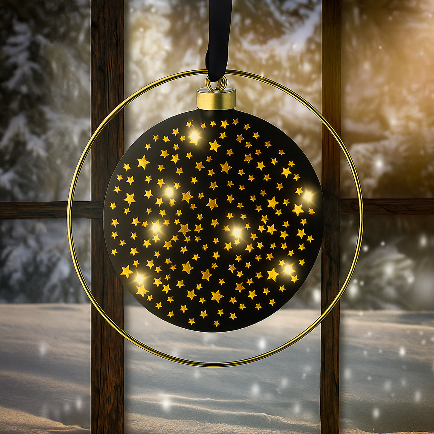 LED Kreis im Ring mit Sternmotiv - 30 warmweisse LED - D- 20cm - Timer - schwarz